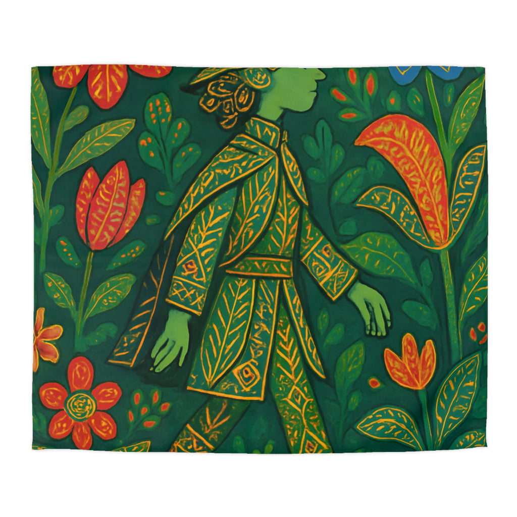 Housse de couette vibrante avec motif botanique et personnage en marche serein