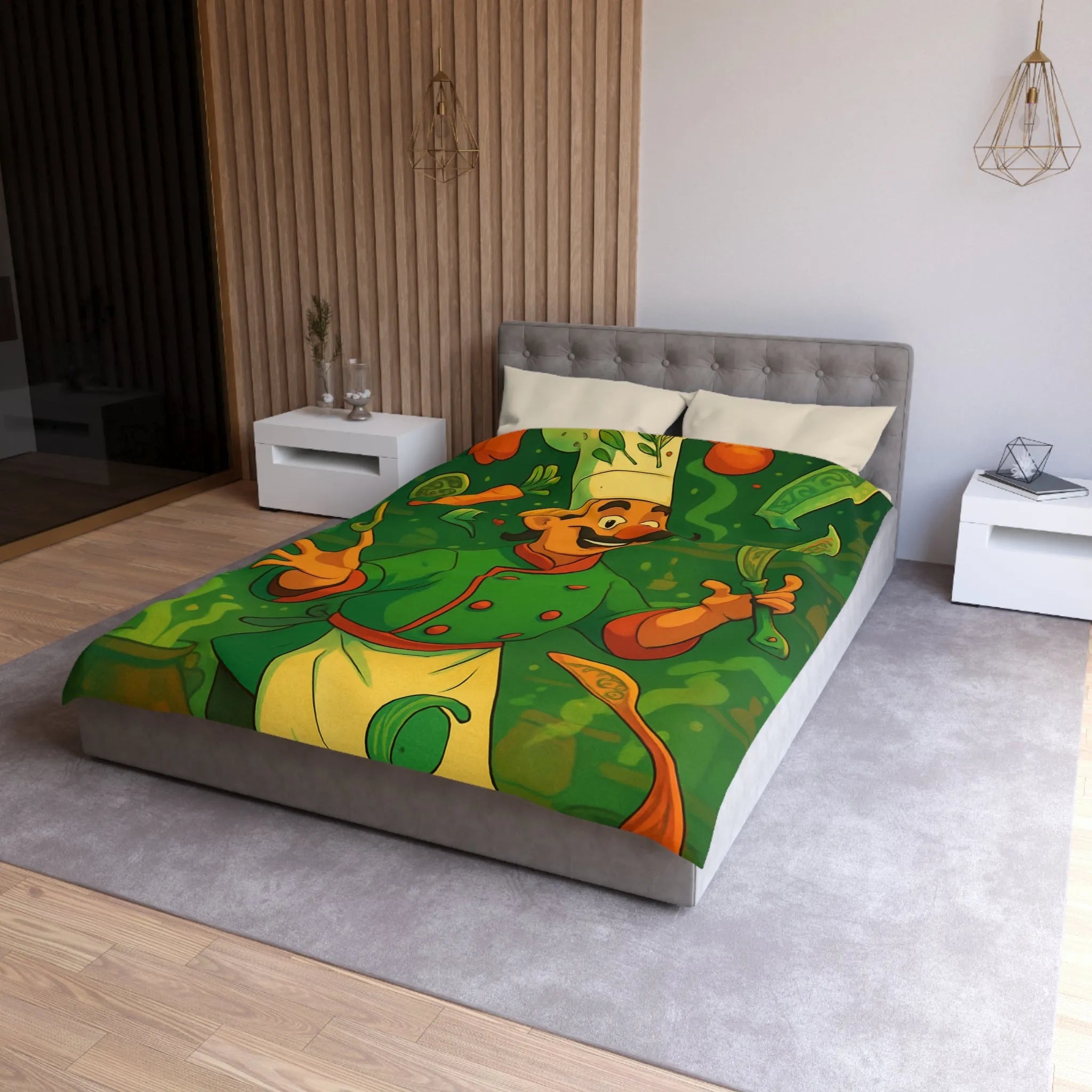 Housse De Couette Chef Cartoon Coloré Jonglant Avec Légumes Dans Cuisine Magique Verte