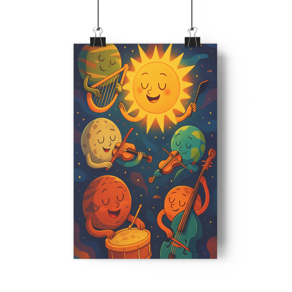 Poster décoratif cartoon solaire enfant joyeux jaune bleu orange chambre musique planètes système ambiance
