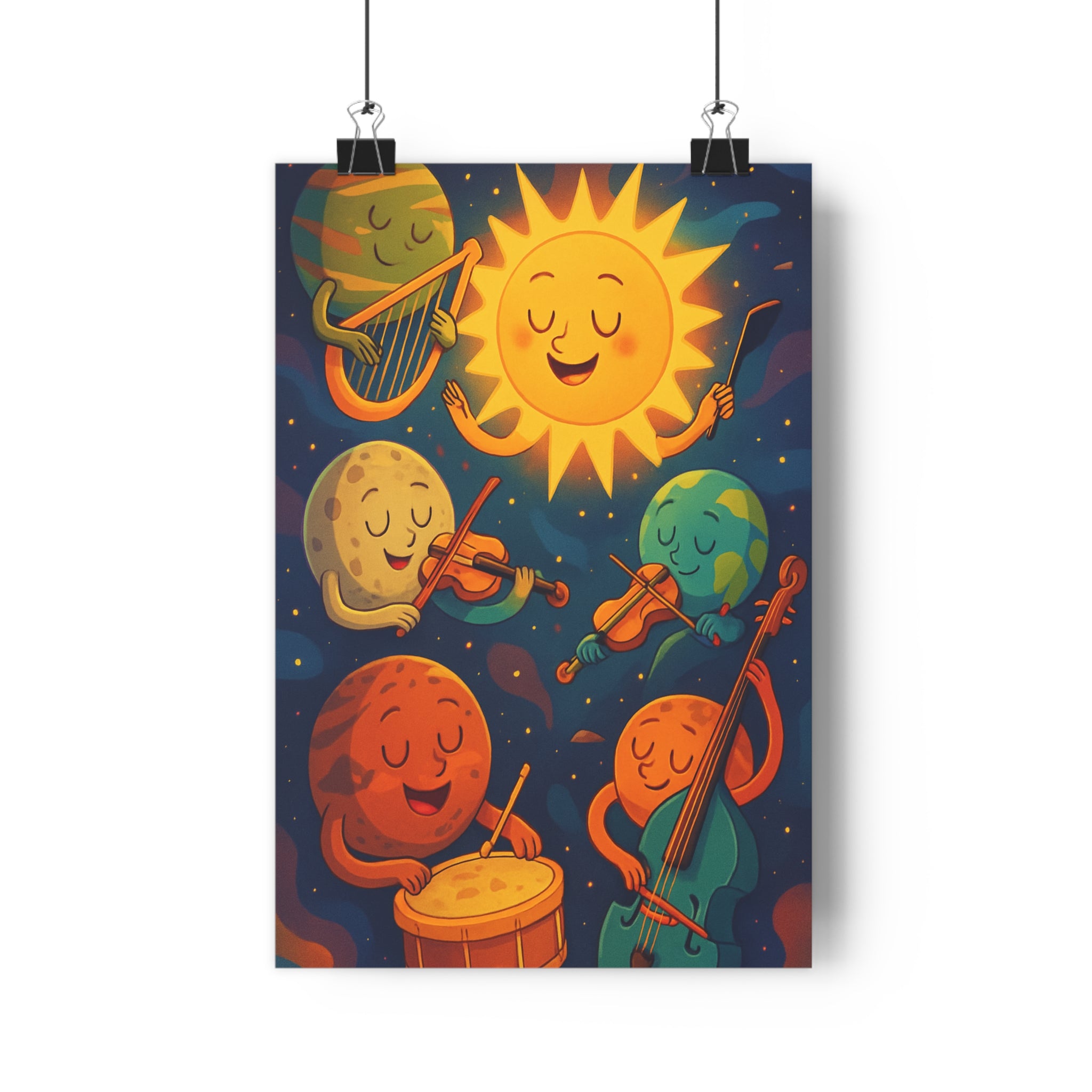 Poster décoratif cartoon solaire enfant joyeux jaune bleu orange chambre musique planètes système ambiance