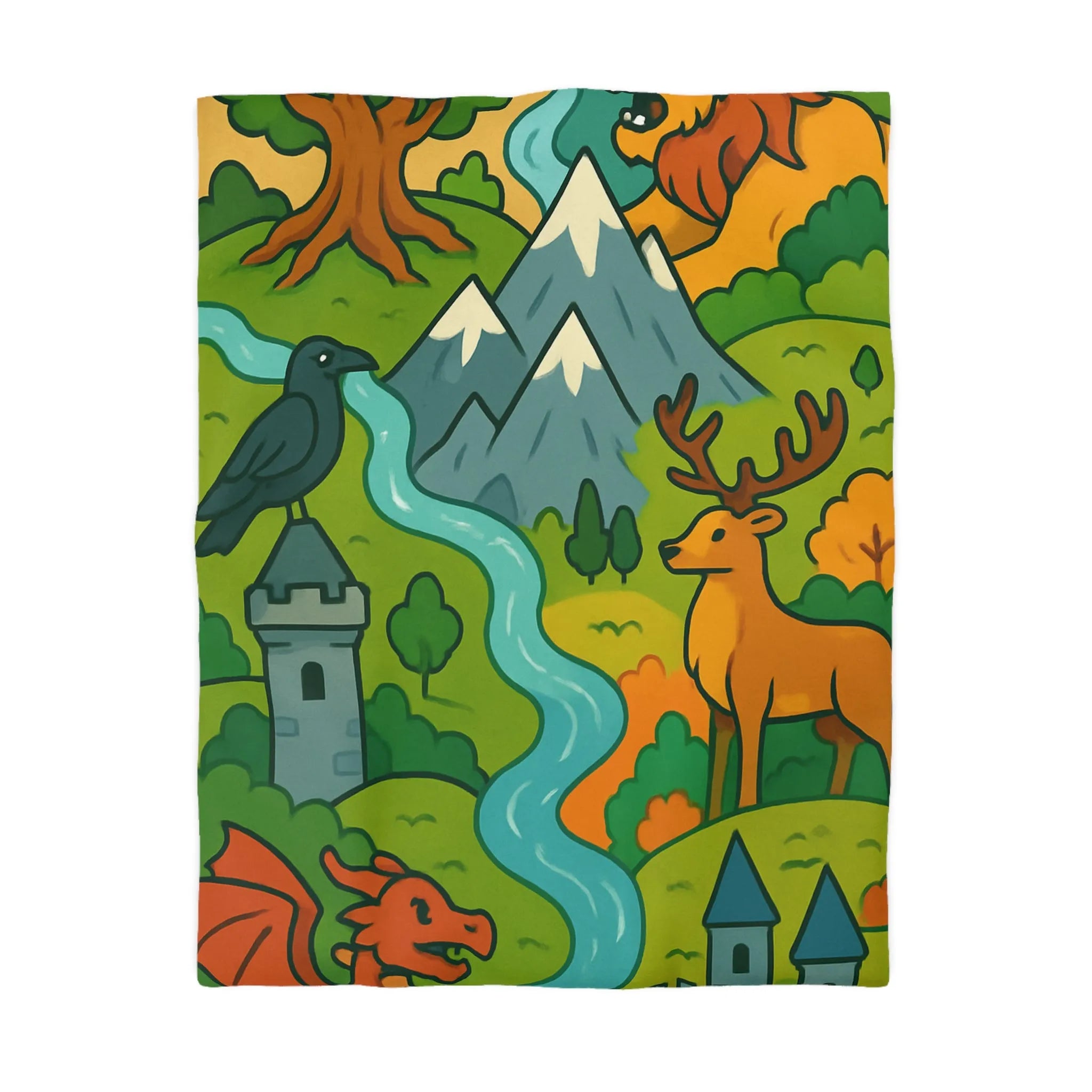 Housse de couette colorée avec motifs de nature, animaux et châteaux fantastiques magiques