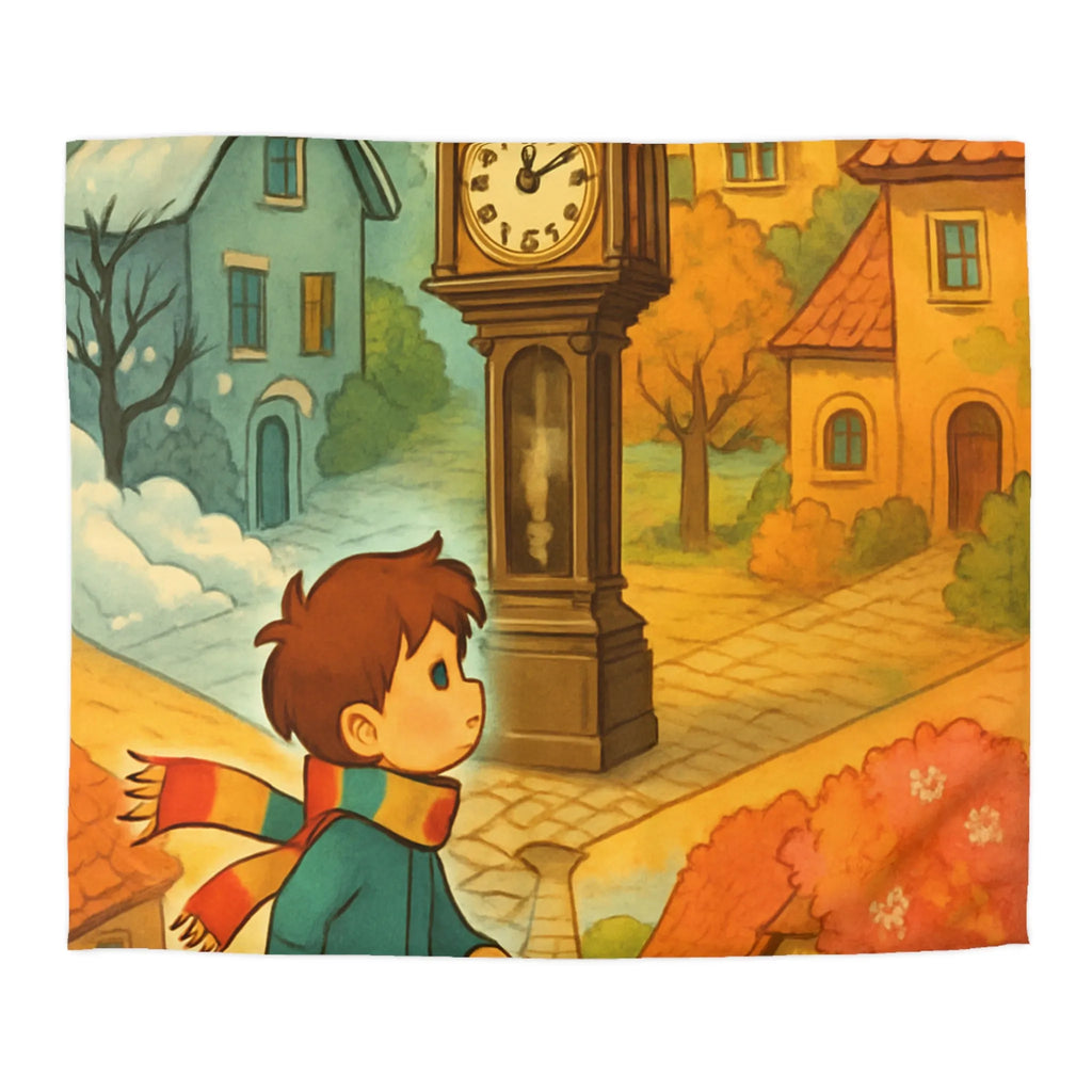 Housse de Couette Enfant Colorée avec Scène Enchanteresse de Village et Horloge Fantaisiste