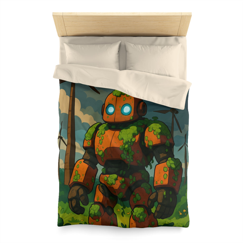 Housse de couette robot et éoliennes, motif nature et technologie, ambiance verte apaisante