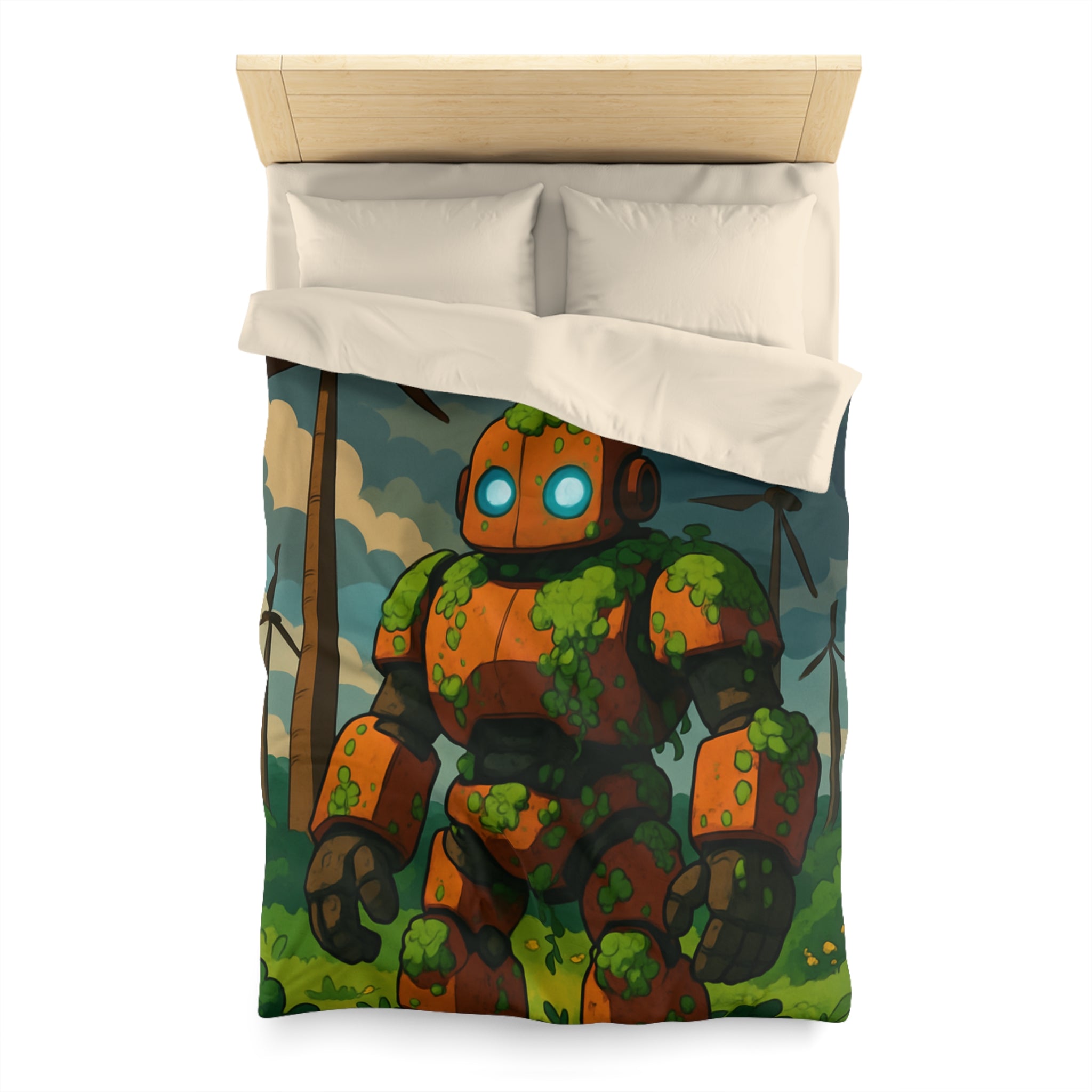 Housse de couette robot et éoliennes, motif nature et technologie, ambiance verte apaisante