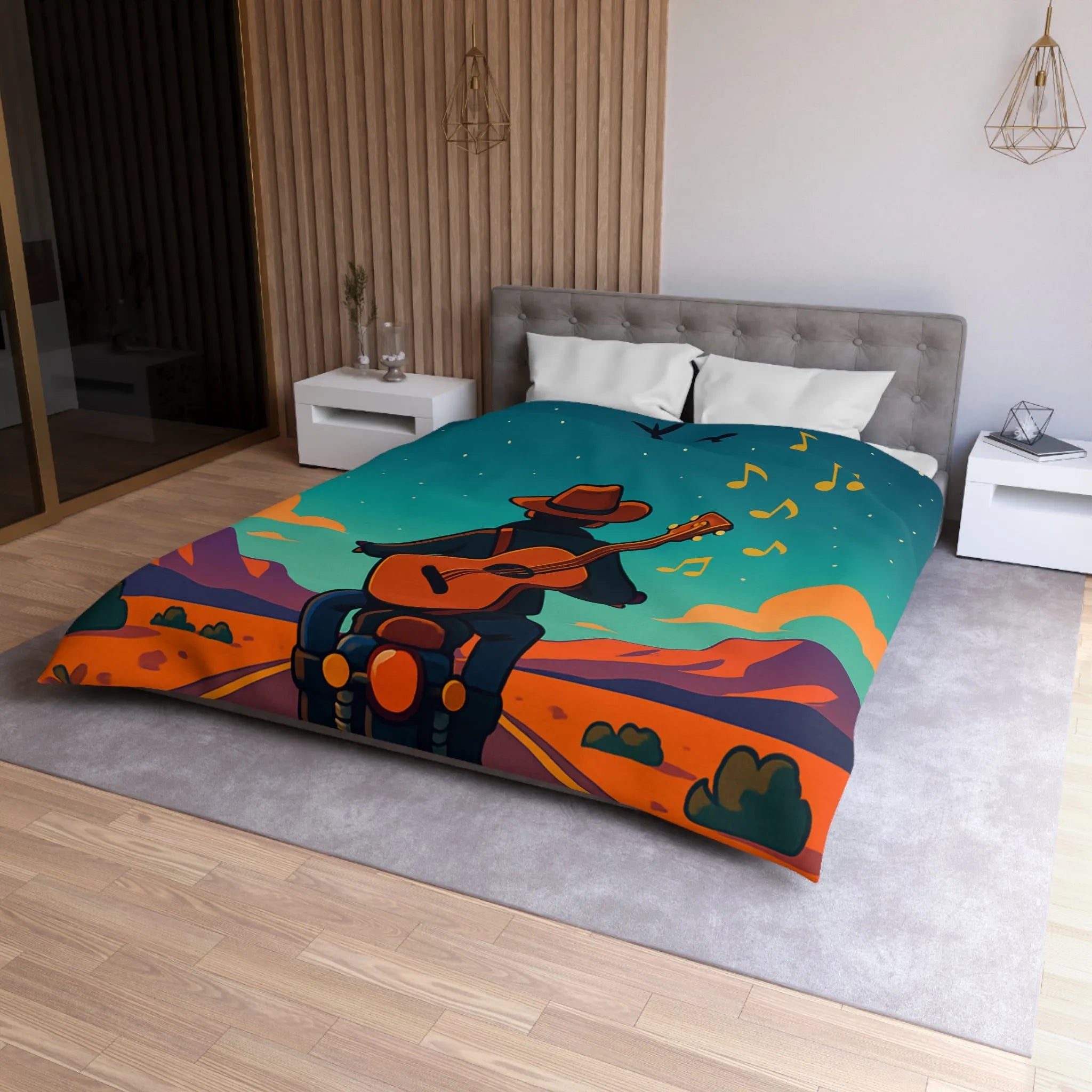 Housse de couette illustrée avec musicien en moto sous ciel étoilé et montagnes