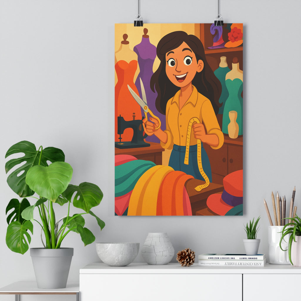 Poster décoratif coloré cartoon couture turquoise orange jaune créatif joyeux atelier femme chambre bureau