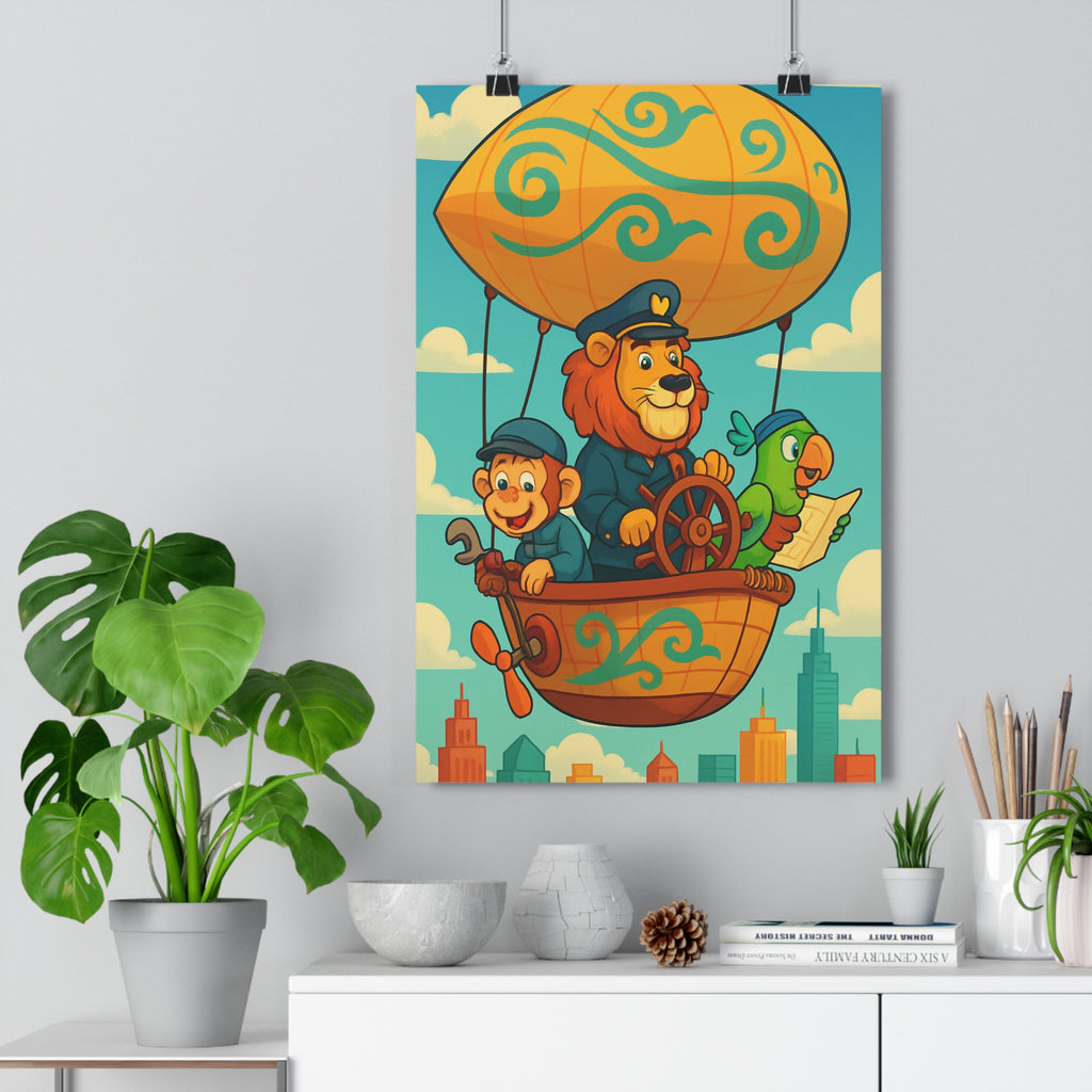 Poster décoratif anime pastel aventure lion singe perroquet montgolfière ville salon chambre joyeux qualité