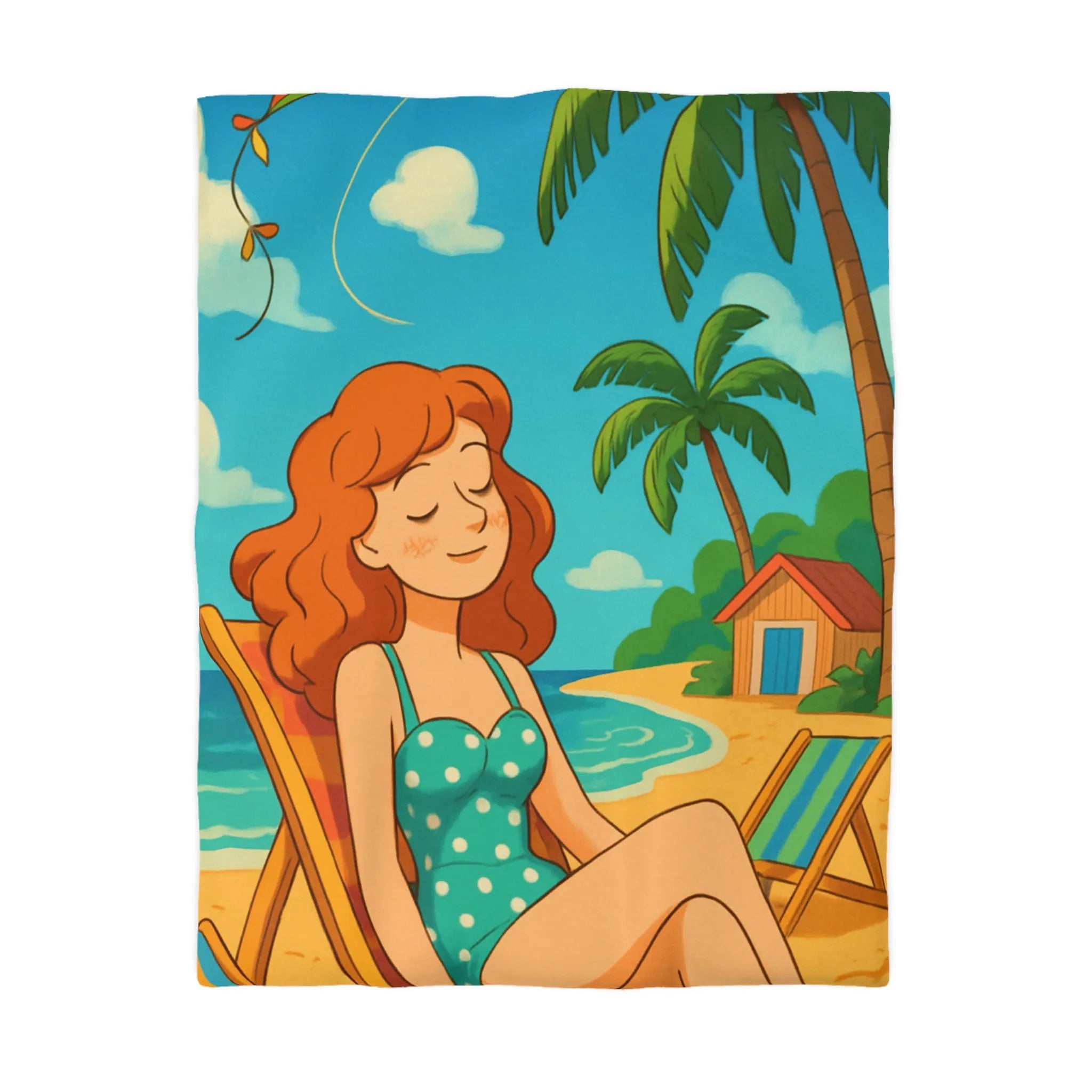 Housse de couette illustrée plage relaxante avec fille et cerf-volant coloré