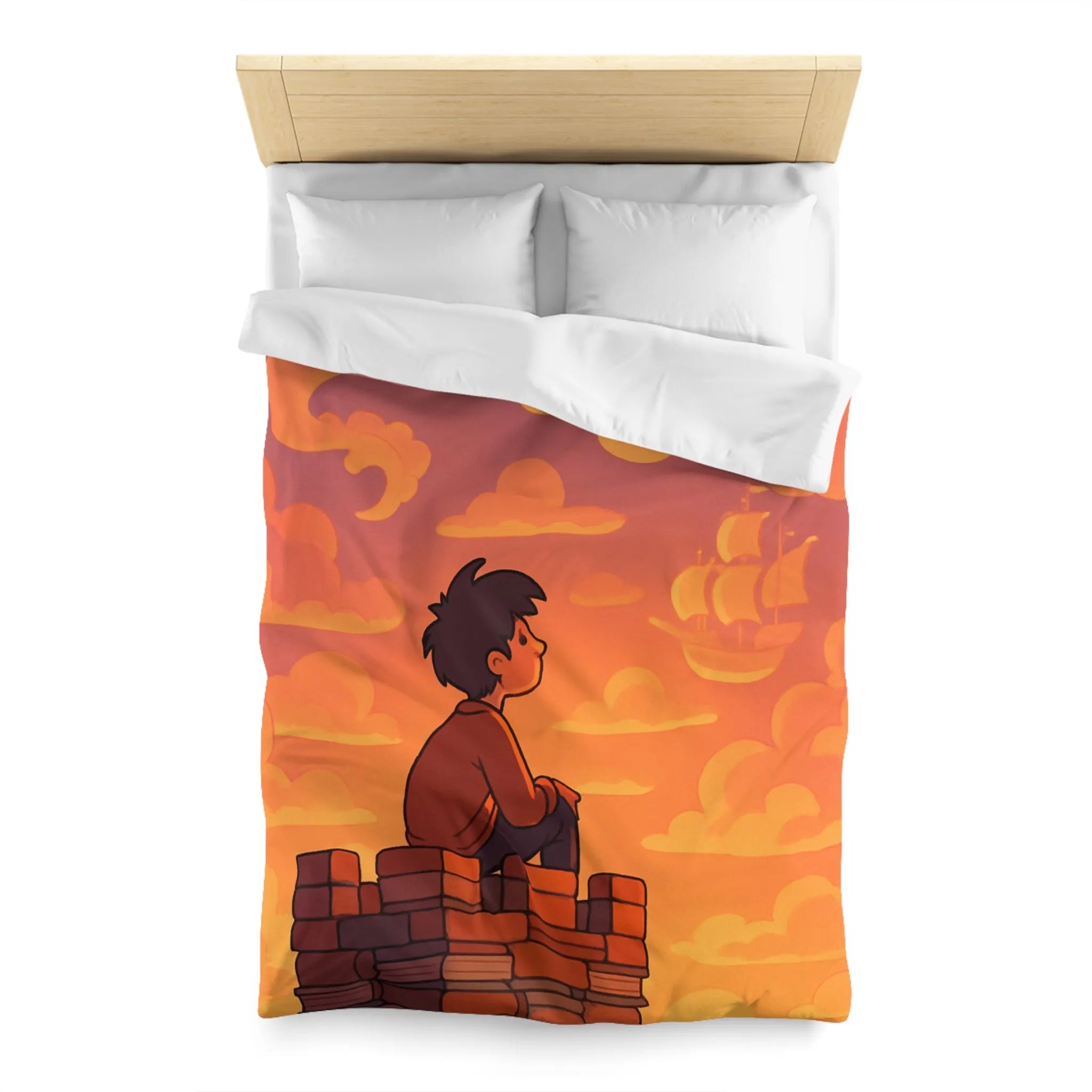 Housse de couette fantastique avec château, dragon et nuages pour enfants rêveurs