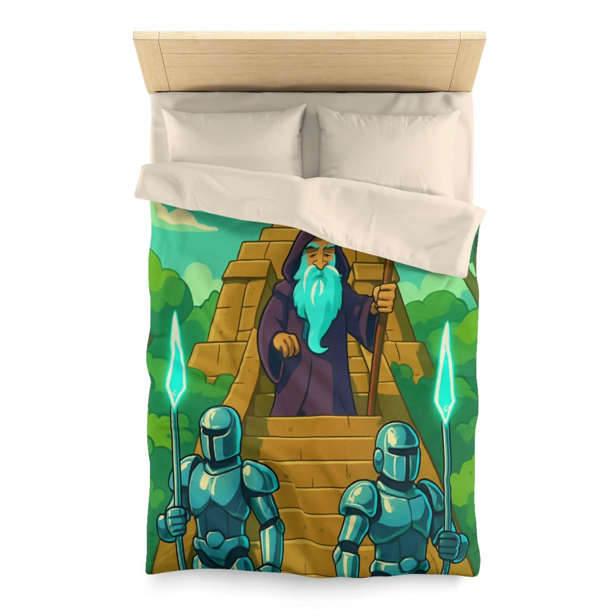 Enchanted Pyramid Landscape with Wizard and Glowing Guardians for Magical Bedding Decor
