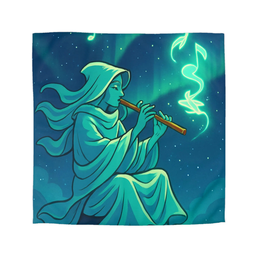 Housse de couette magique avec joueur de flûte créant des formes lumineuses célestes