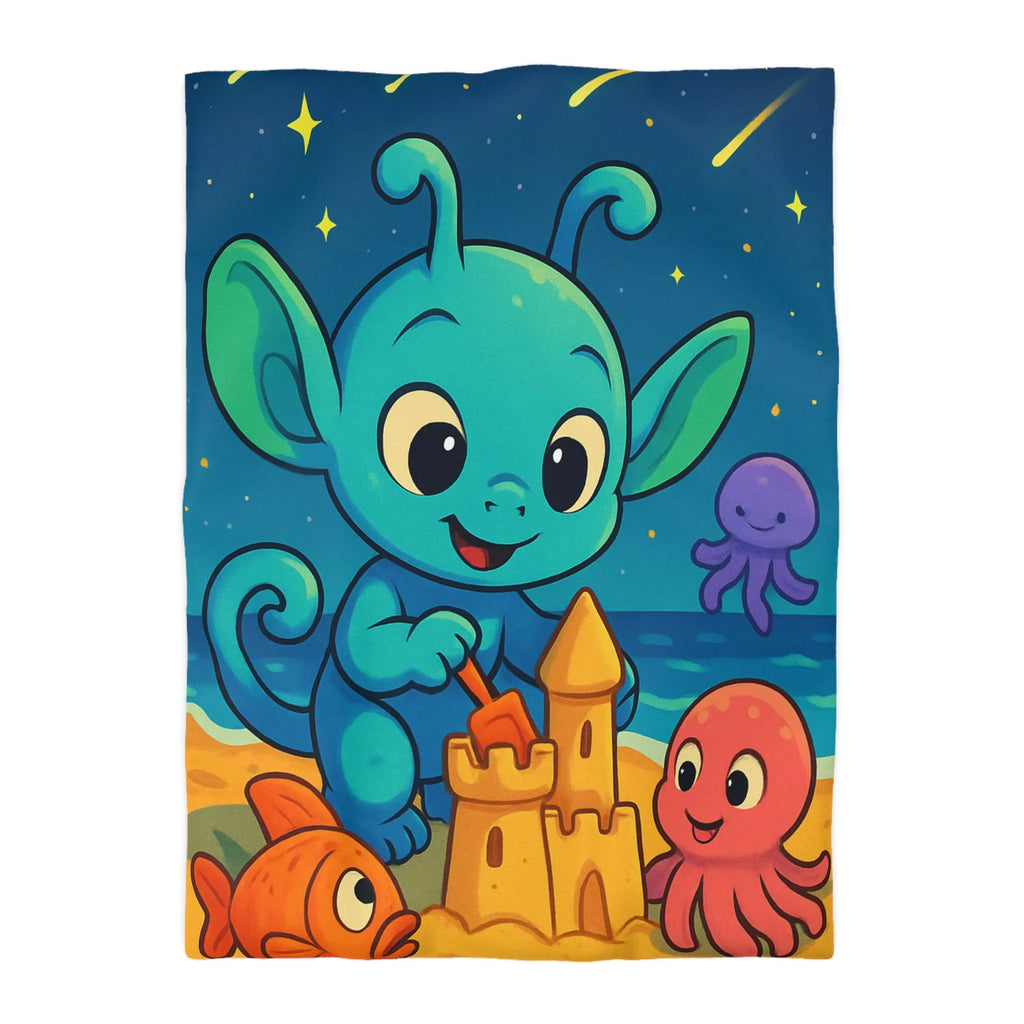 Housse de couette enfant avec créature bleue construisant un château de sable amusant