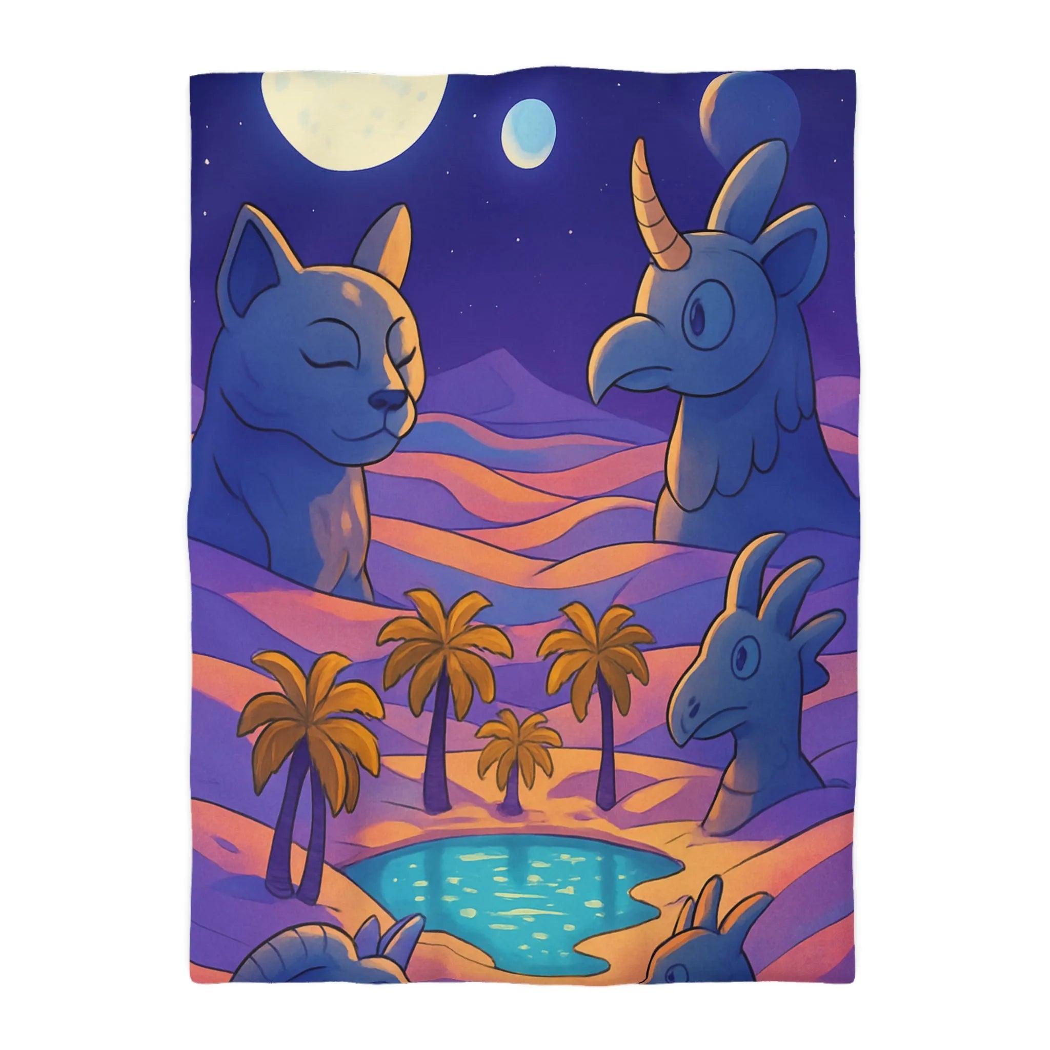 Housse de Couette Fantaisie Animaux Mystiques Sous Lune et Palmiers Étoilés