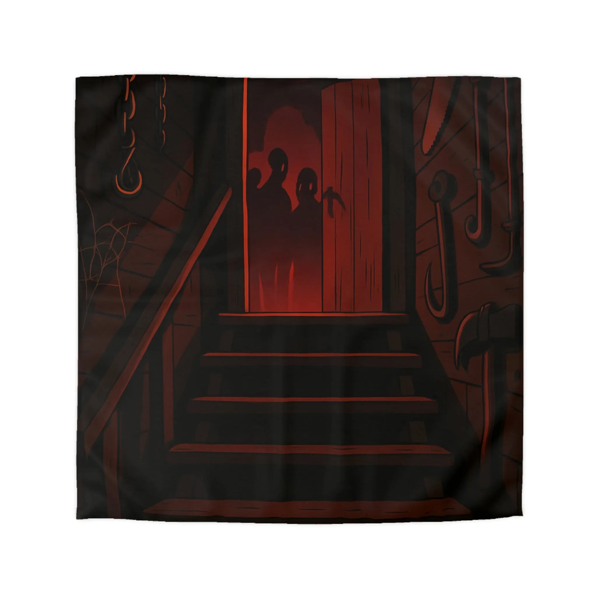 Ambiance Sombre et Mystérieuse avec Silhouettes et Éclat Rouge dans un Sous-Sol