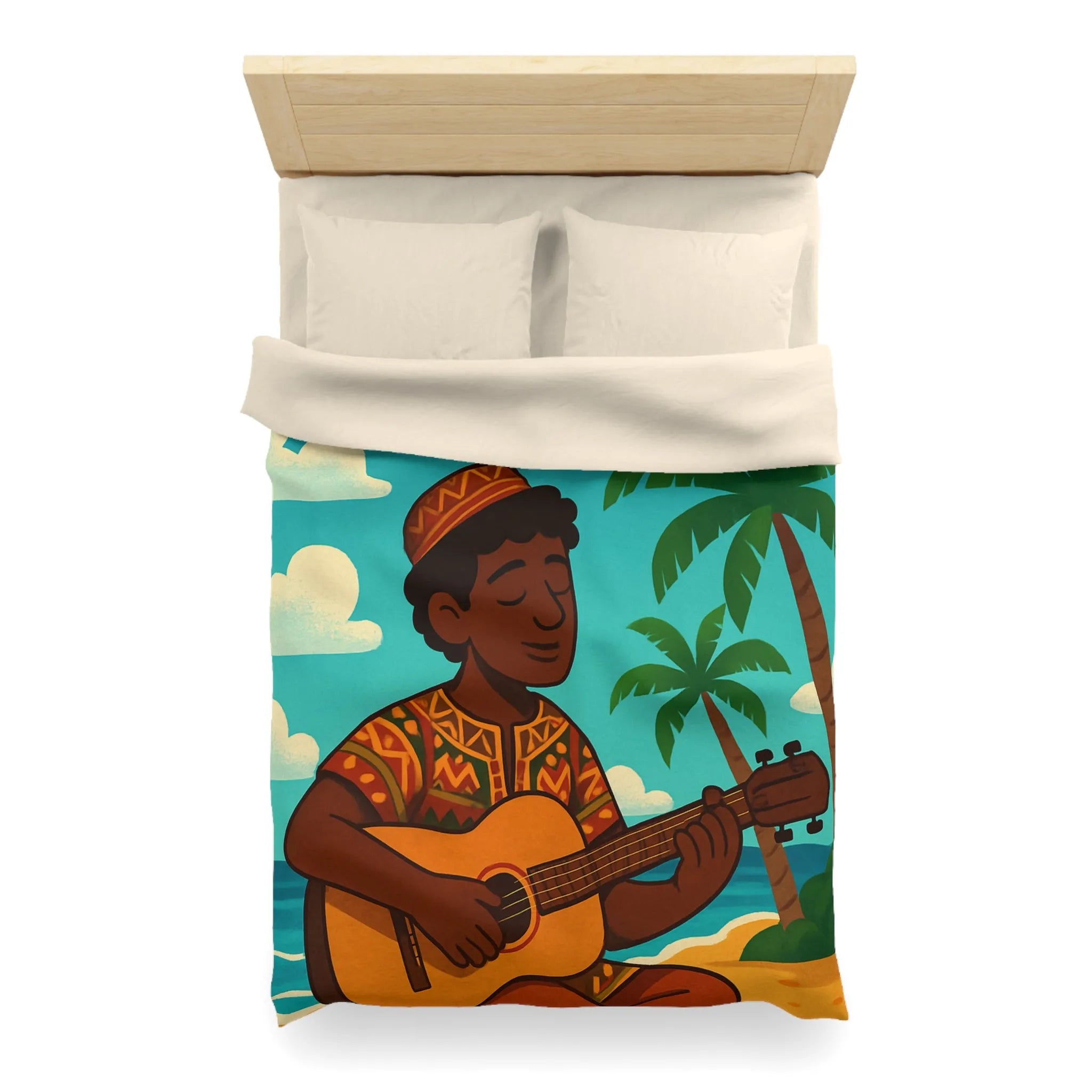Housse de couette illustrée avec musicien joyeux sous les palmiers en bord de mer