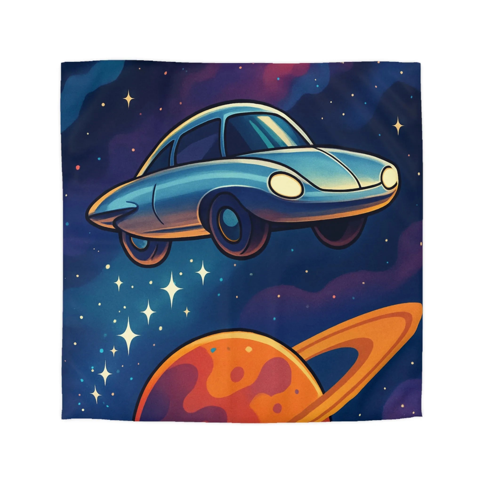 Housse de Couette Artistique Spatiale avec Voiture Volante et Planète Saturne Colorée
