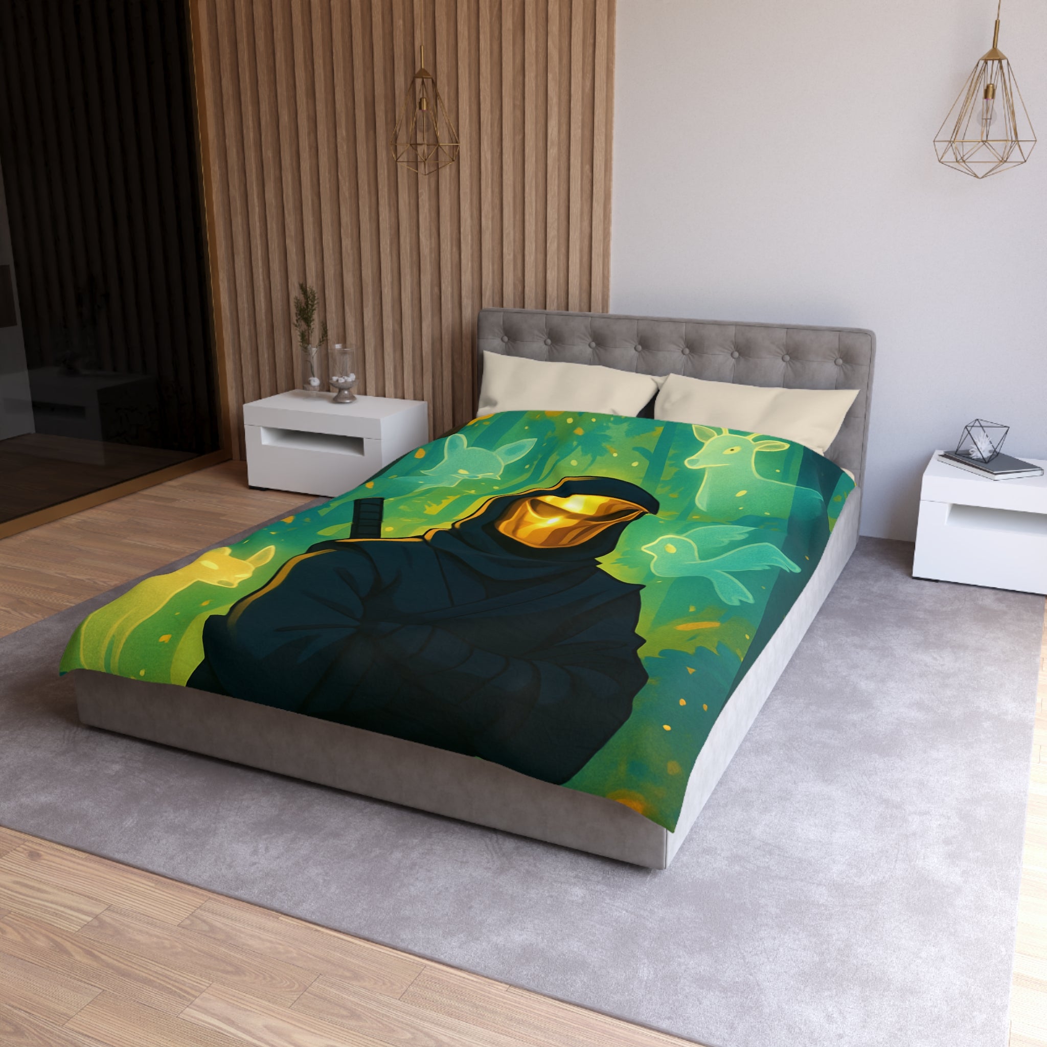 Housse de couette ninja doré avec animaux mystiques et forêts enchantées lumineuses