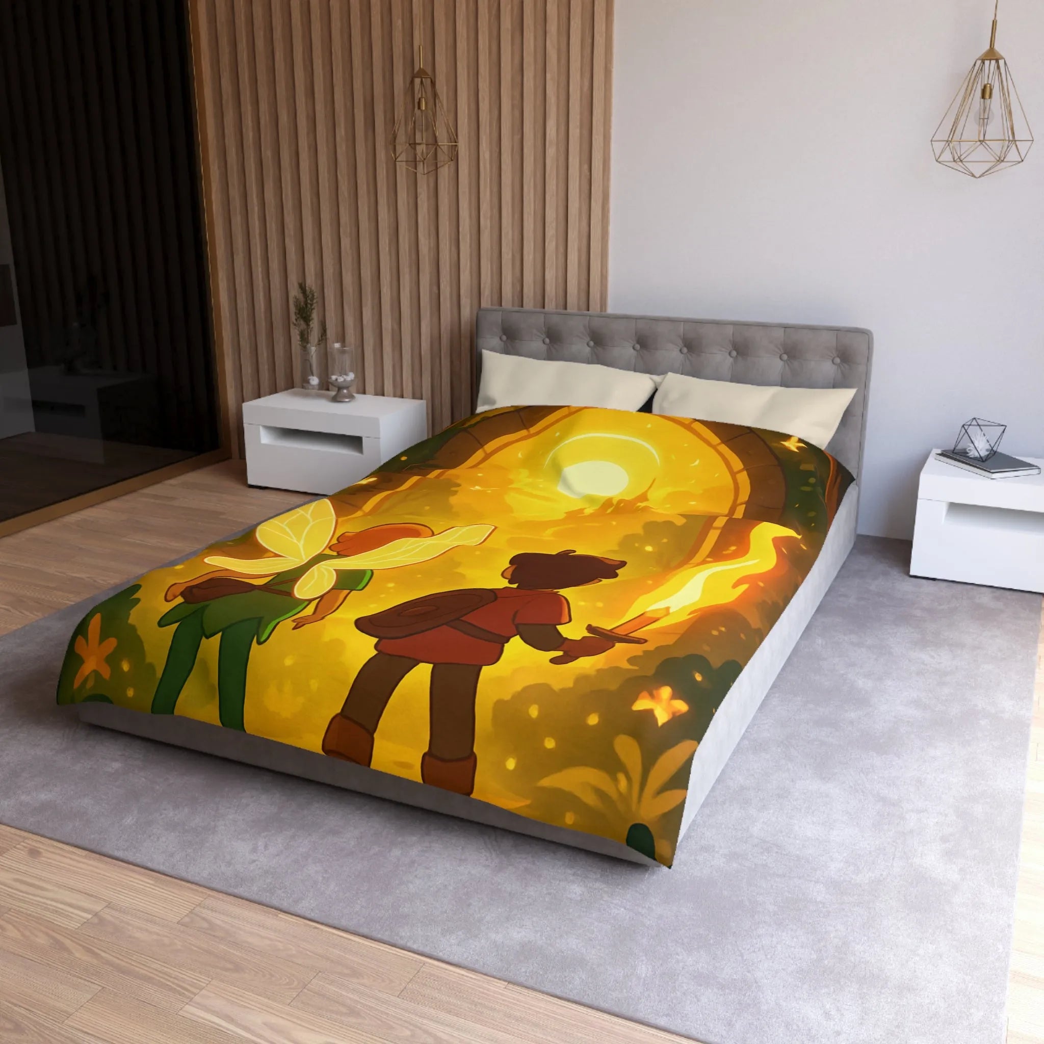 Housse de couette féerique avec fées et aventuriers dans une forêt enchantée magique