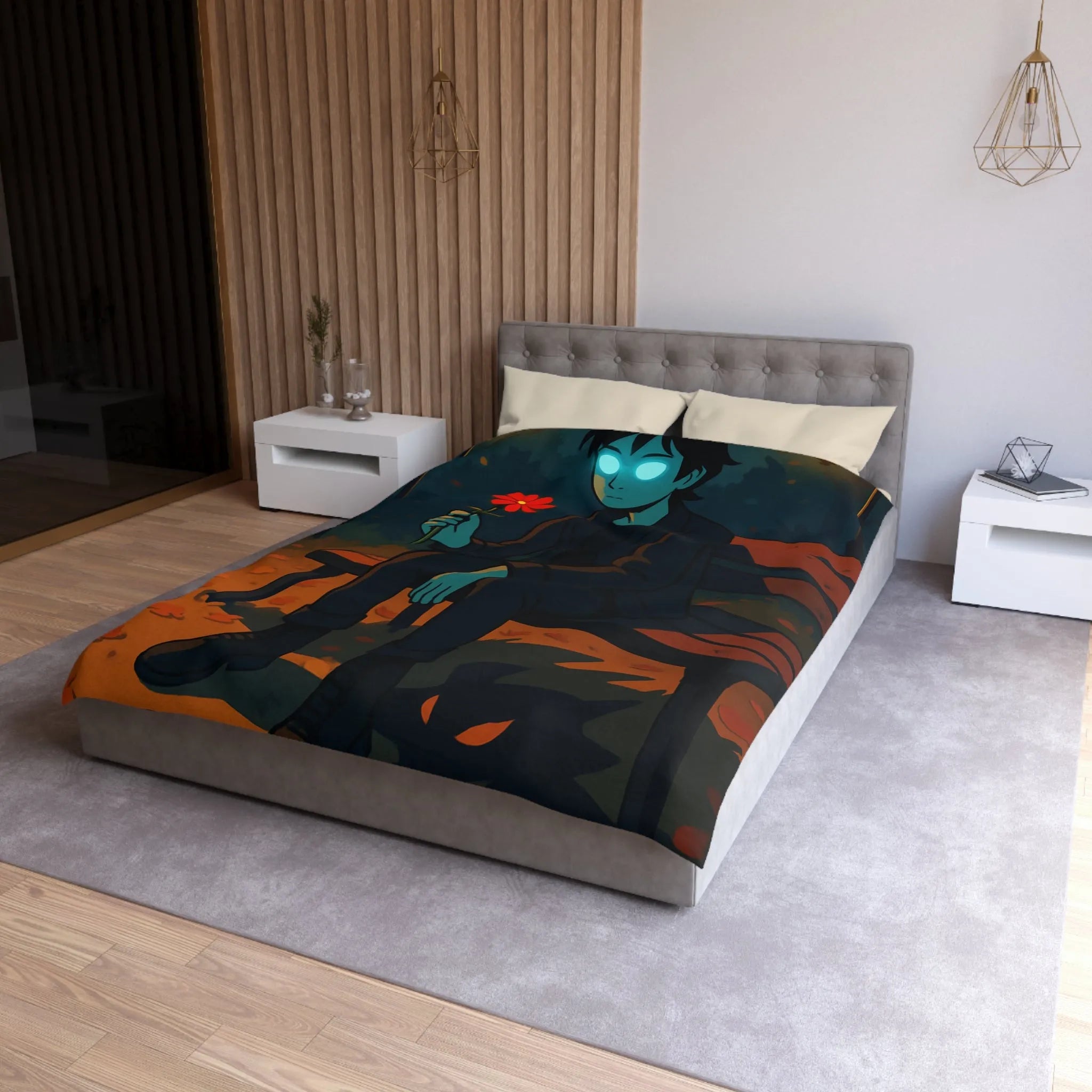 Housse de couette de parc nocturne mystérieux avec personnage sombre aux yeux lumineux