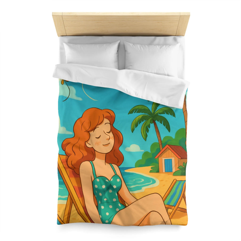 Housse de couette illustrée plage relaxante avec fille et cerf-volant coloré