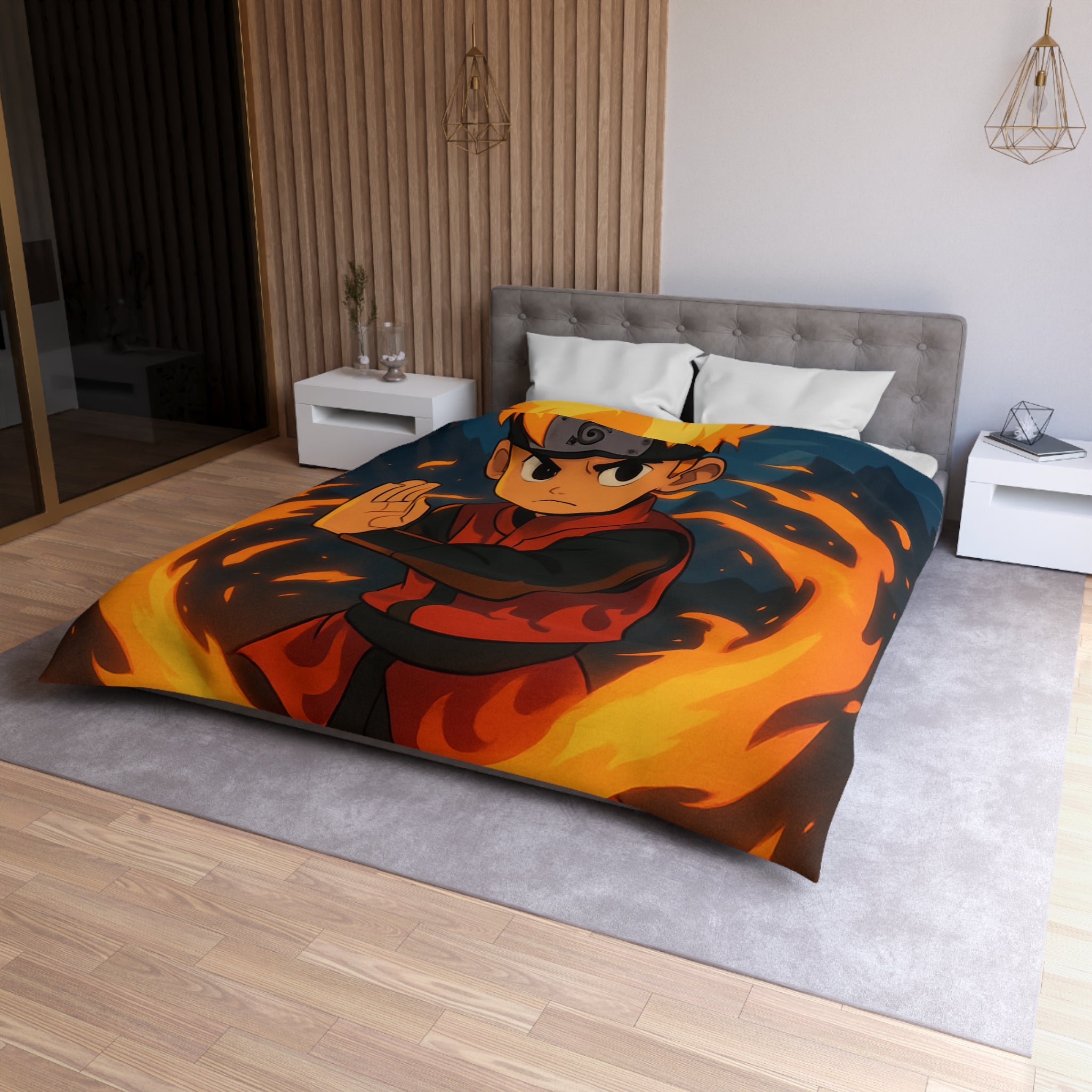 Housse de couette stylée avec enfant maîtrise le feu sous une pleine lune mystique