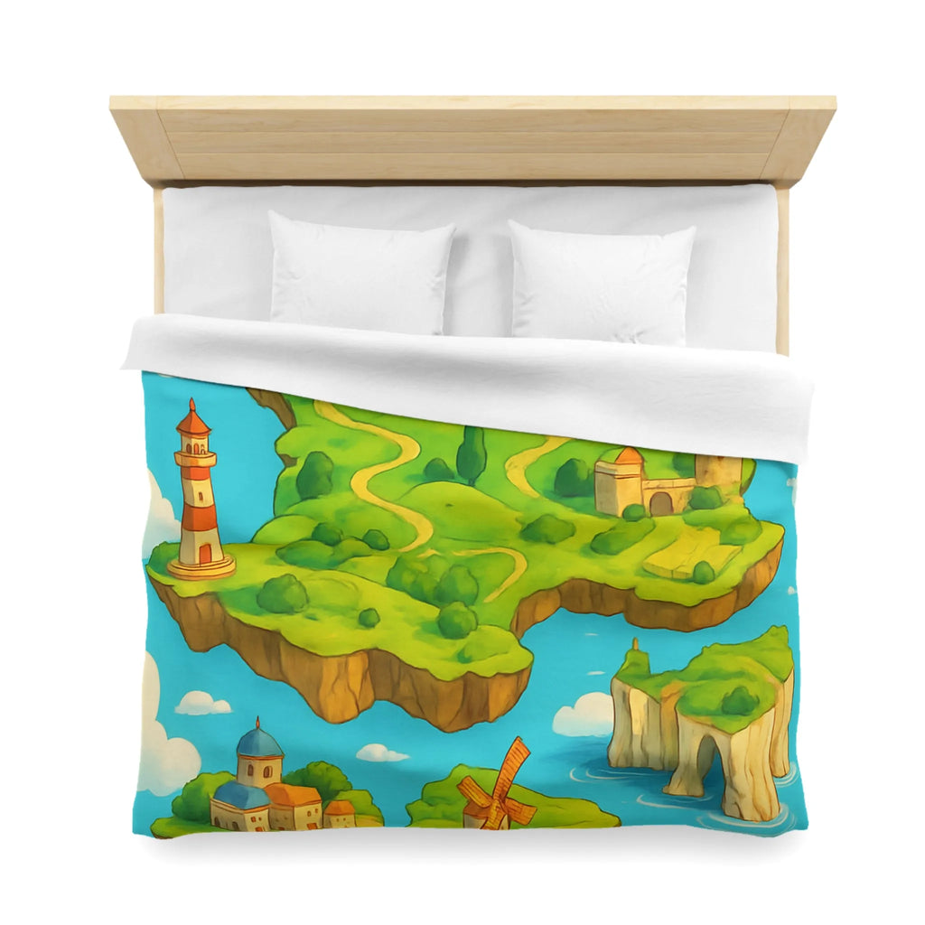 Housse de Couette Fantaisie Île Flottante Paysage Coloré Mer Moulins et Phare