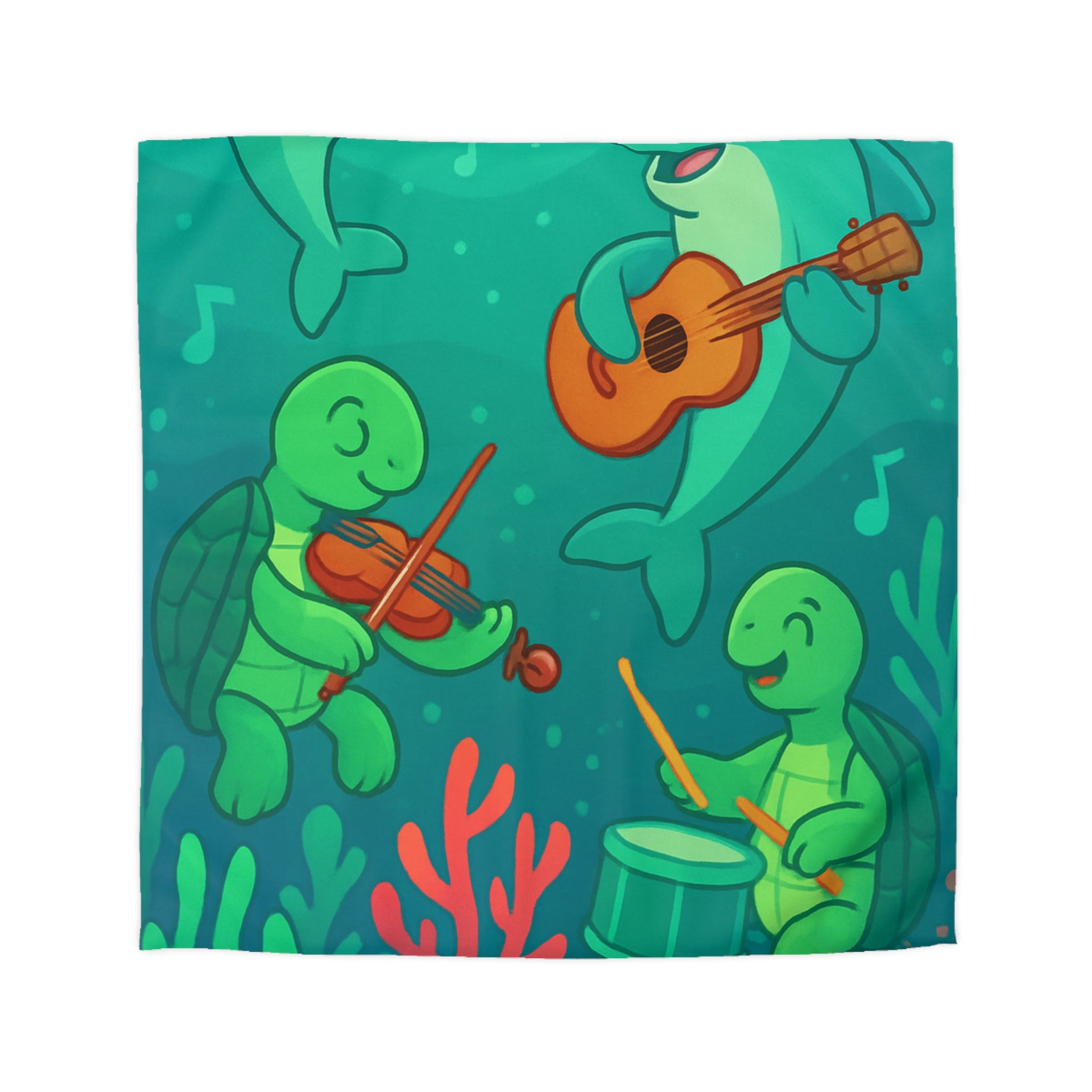 Housse de couette sous-marine avec dauphins et tortues jouant de la musique joyeuse