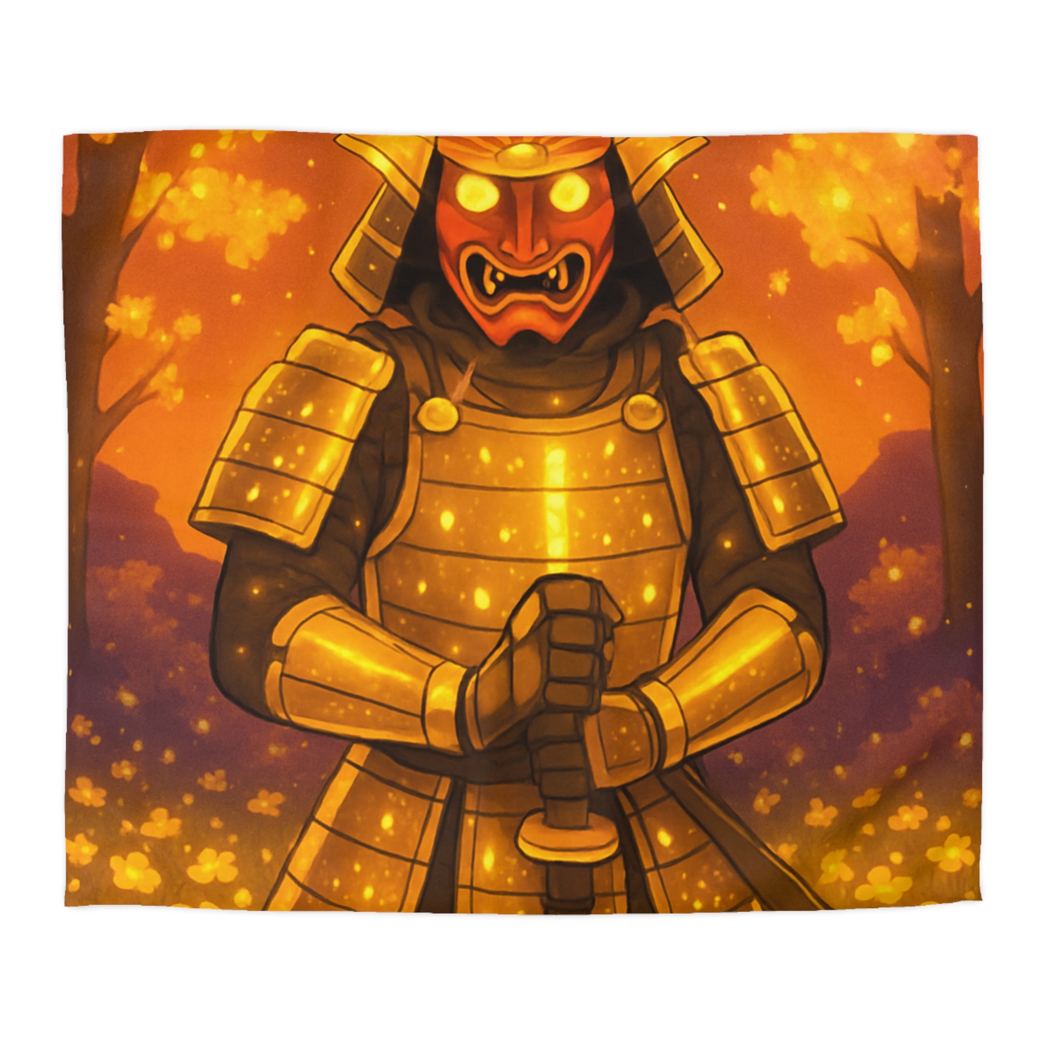 Housse de couette samouraï doré dans forêt magique, ambiance légendaire pour chambre zen