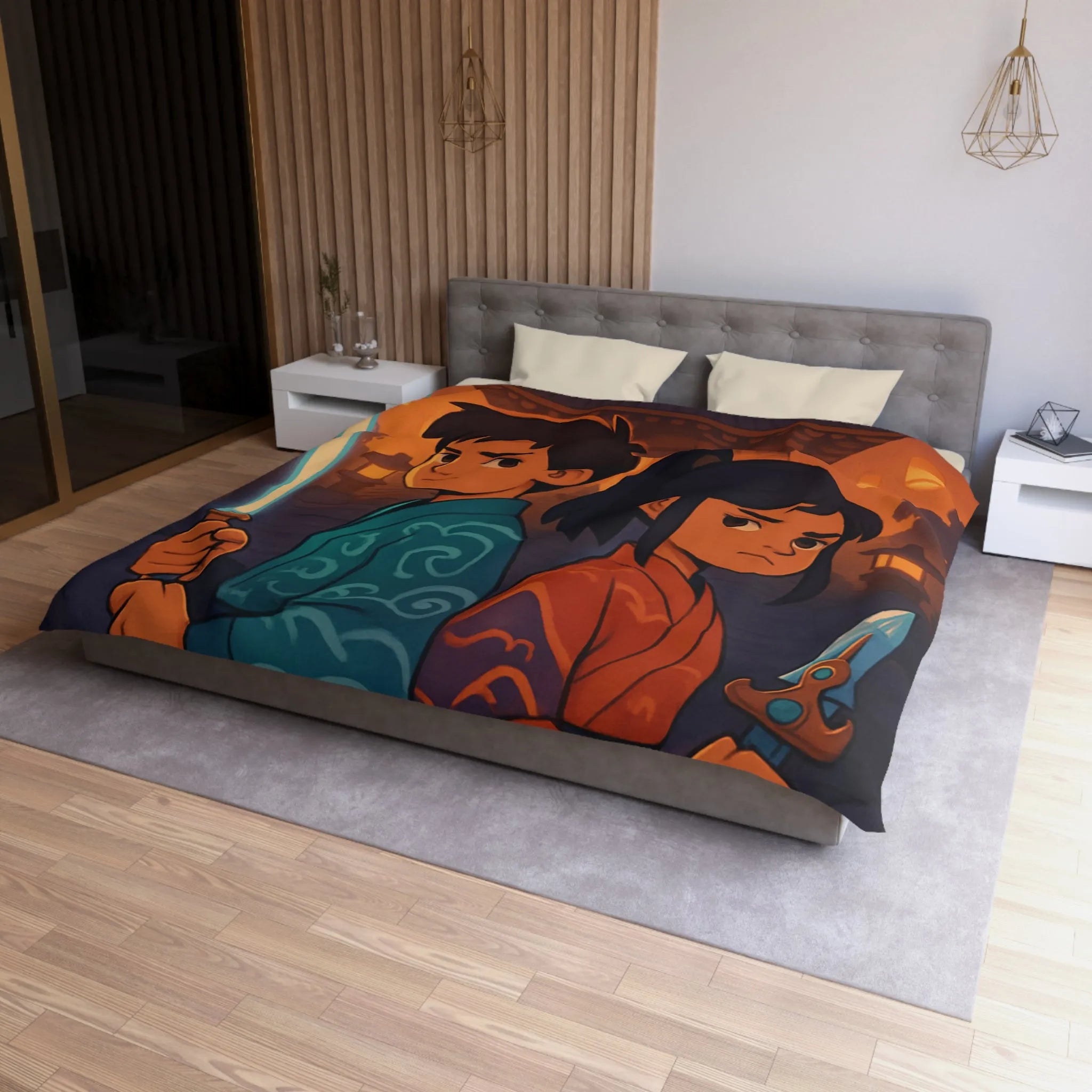 Housse de couette avec enfants guerriers, lanterne céleste, temple ancien, ambiance mystique