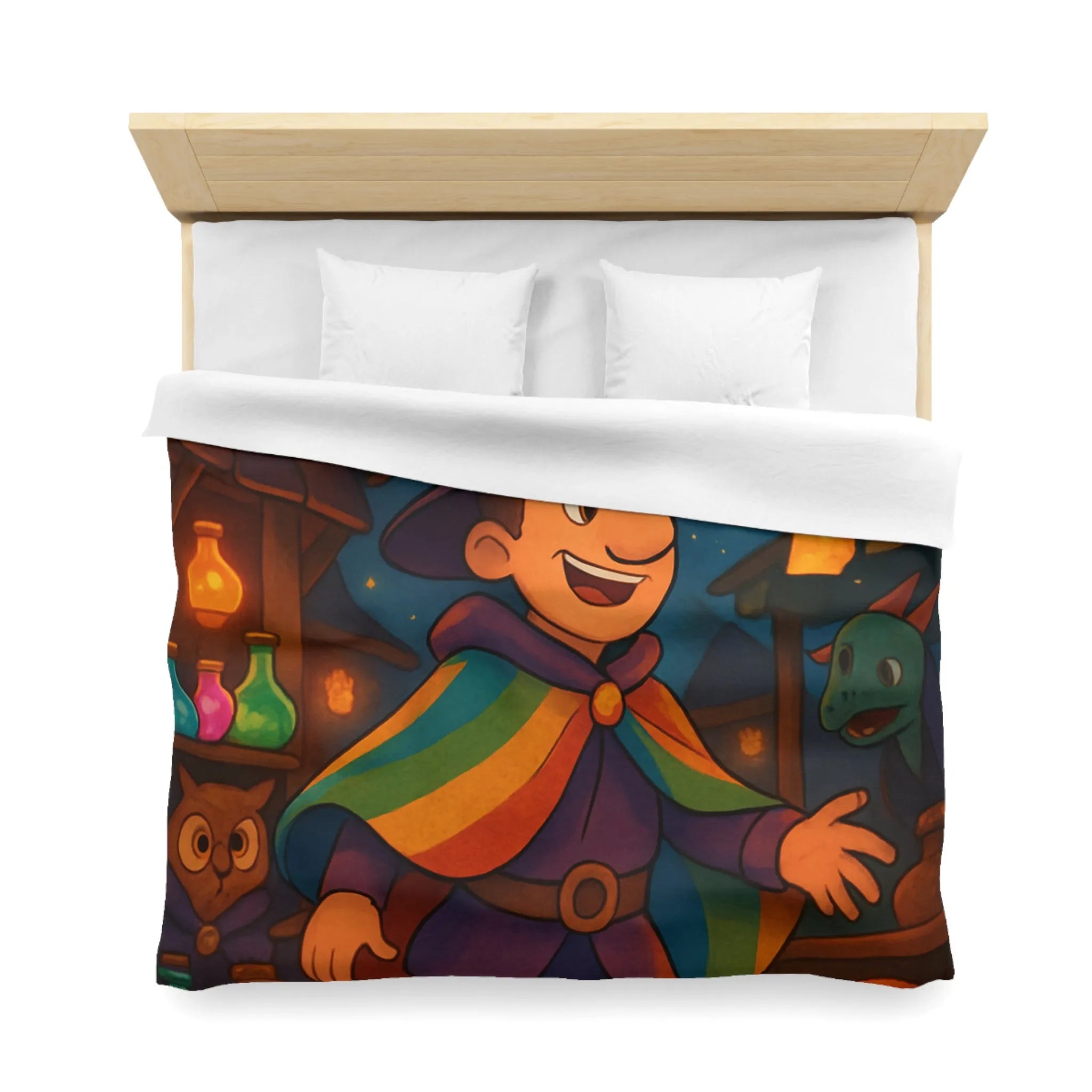 Housse de couette magique avec envoûtant motif de sorcier, dragon et livres enchantés