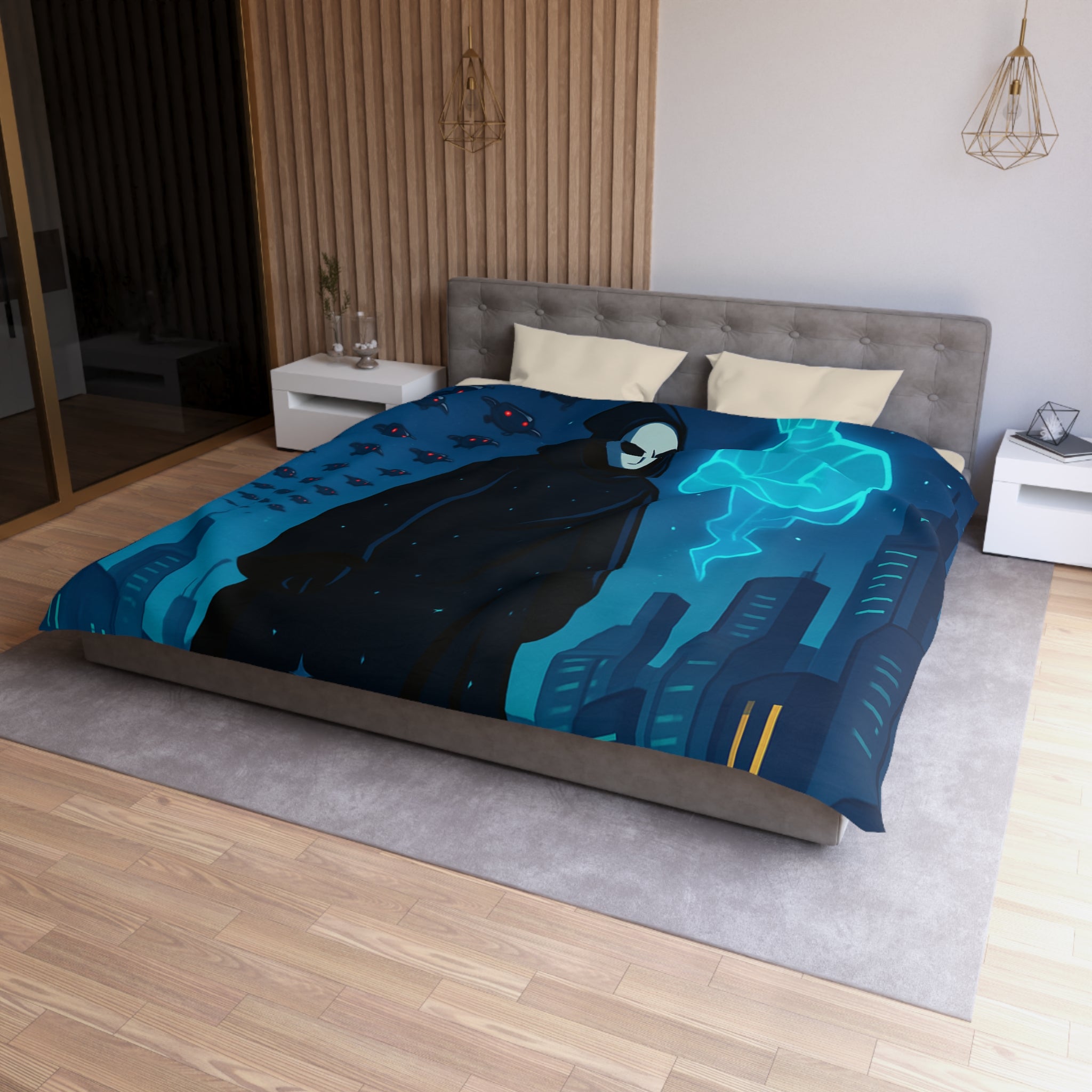 Housse de couette spatiale avec figure masquée et paysage urbain futuriste