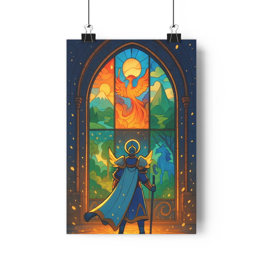 Poster décoratif cartoon féerique bleu orange magique chambre enfant fantastique personnage vitrail montagne licorne