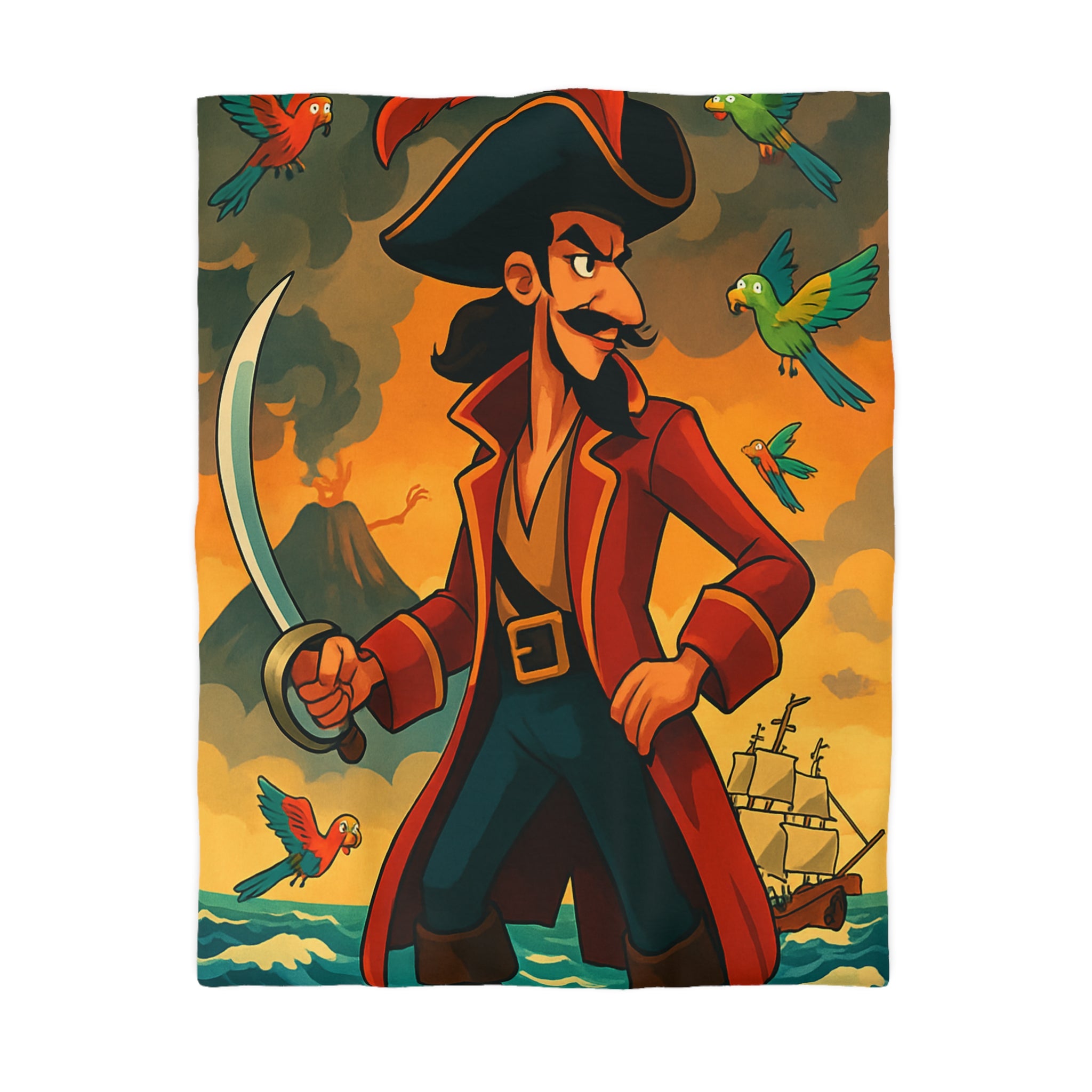 Housse de couette pirate vibrante avec perroquets colorés, volcan actif et bateau en mer