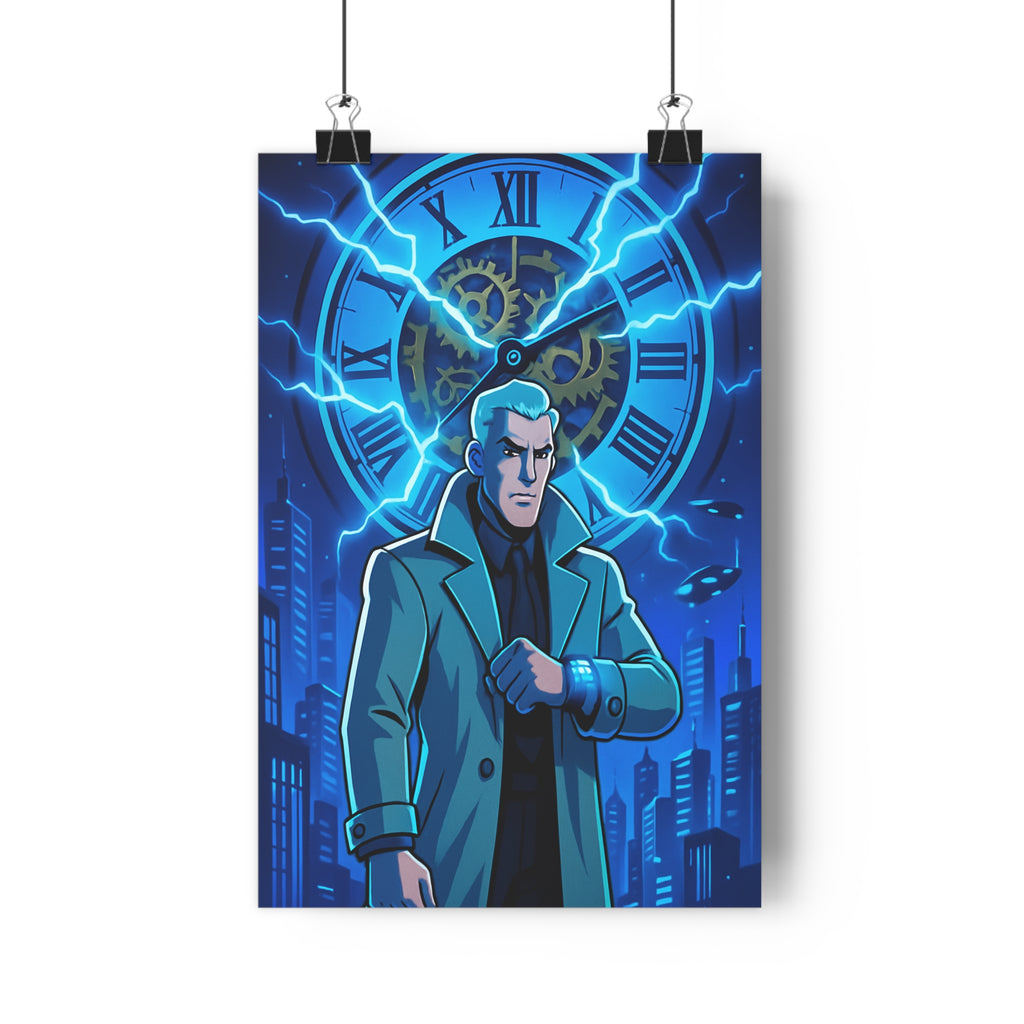 Poster décoratif homme futuriste bleu noir dynamique moderne bureau horloge soucoupes volantes style électrique