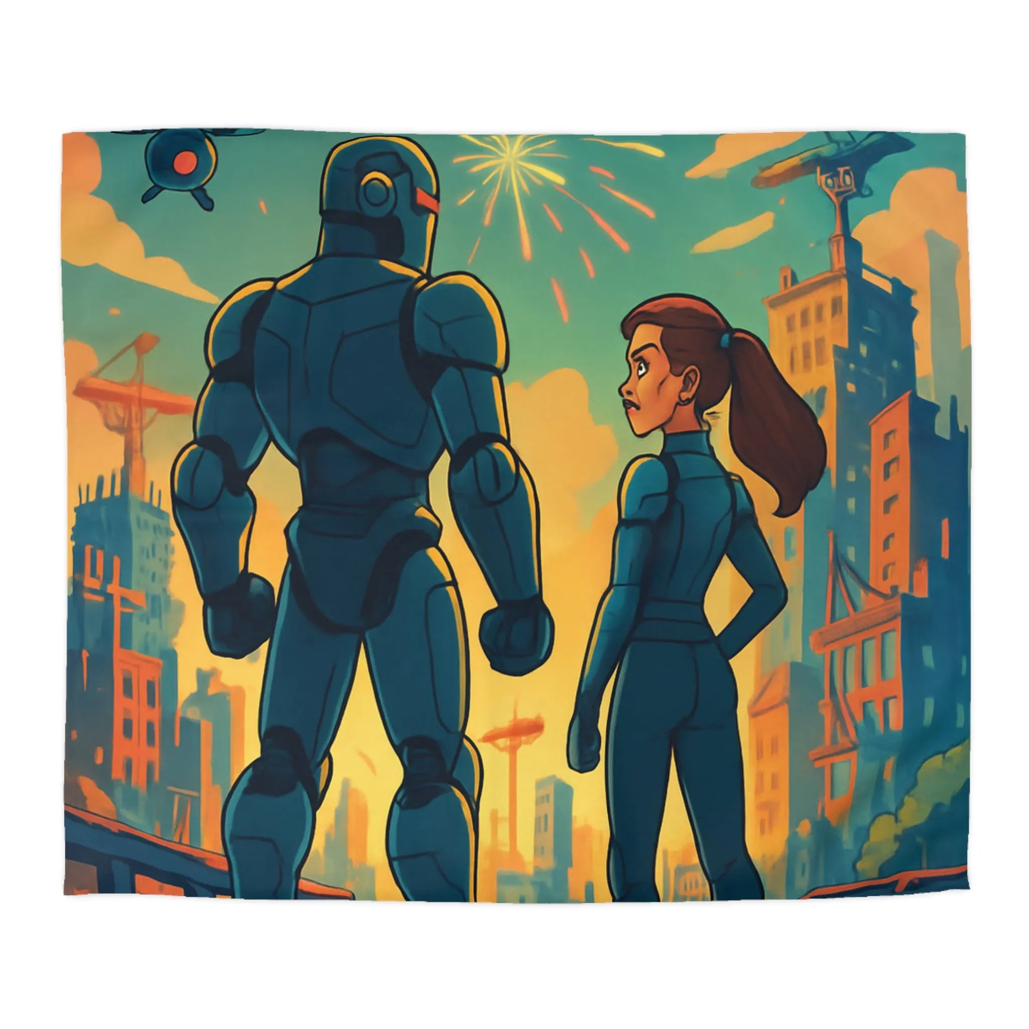 Housse de Couette Fine Imprimée Feux d’Artifice et Futuriste Ville Robotique Dessinée