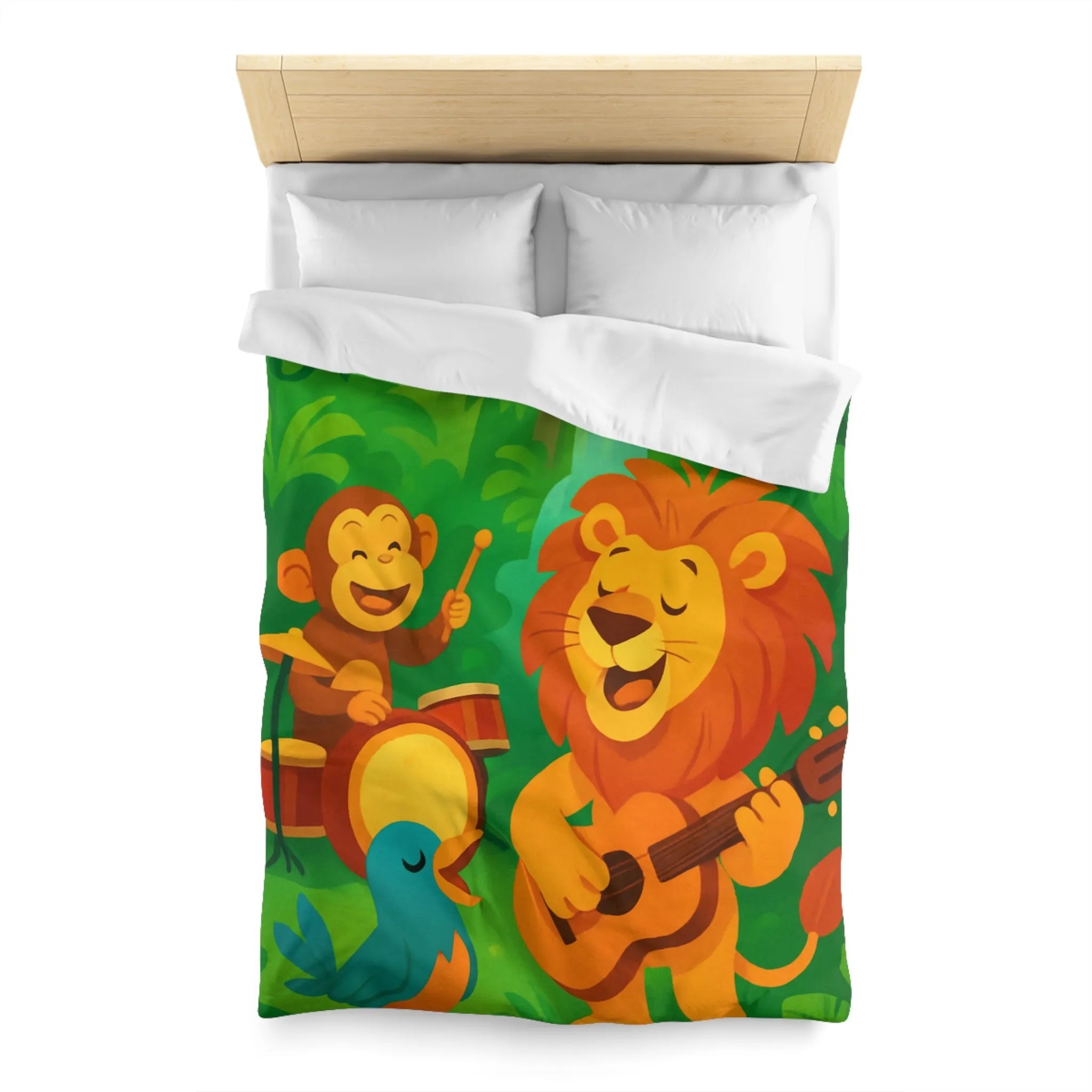 Housse de couette jungle colorée avec lion, singe, et oiseau musiciens joyeux