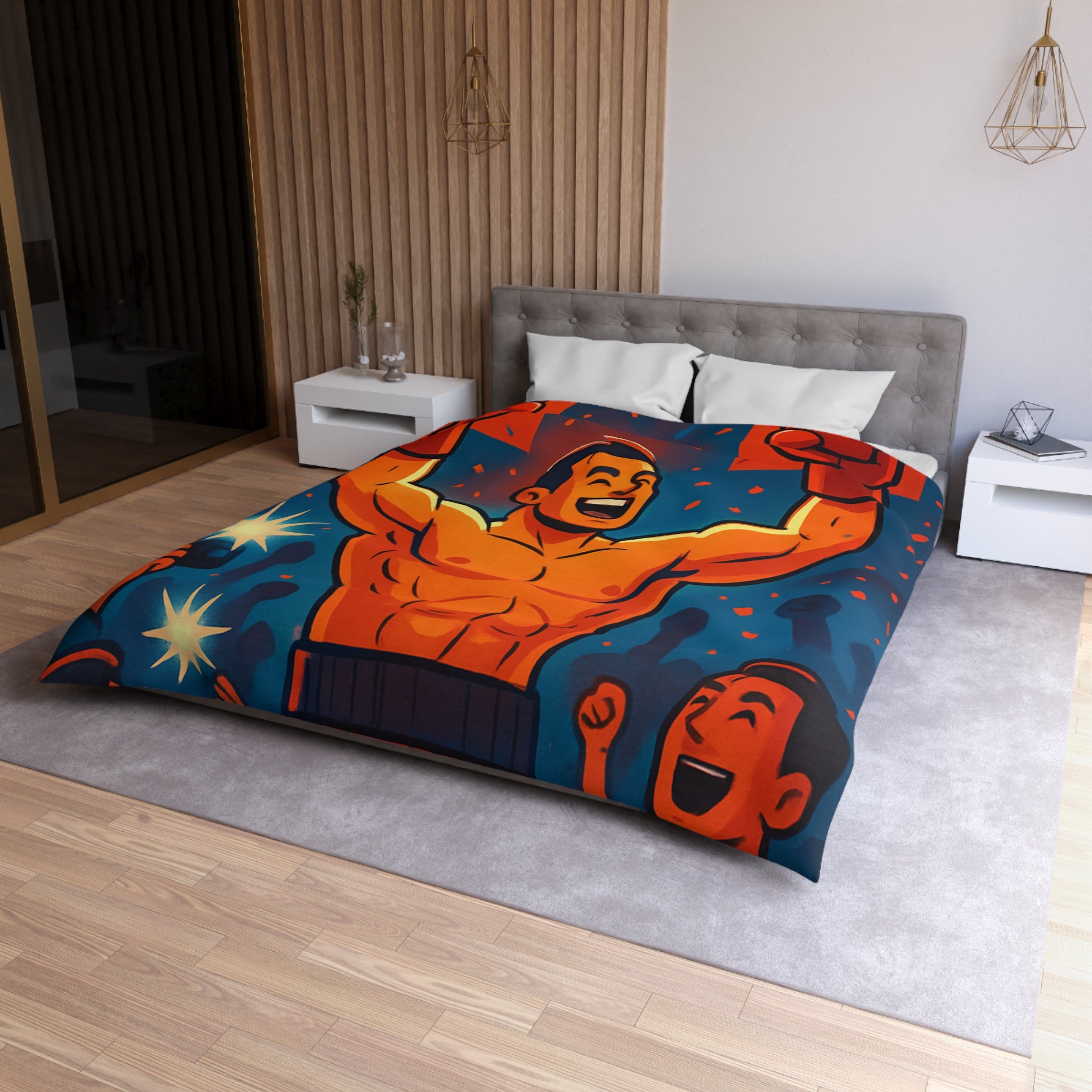 Housse de couette spectaculaire avec illustration de boxeur victorieux et public en liesse