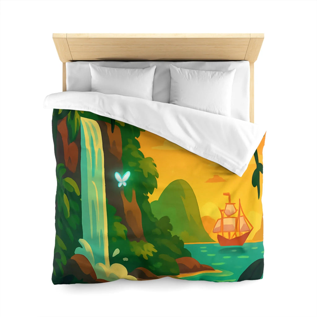 Housse de couette exotique avec cascade, papillons lumineux et bateau au coucher du soleil