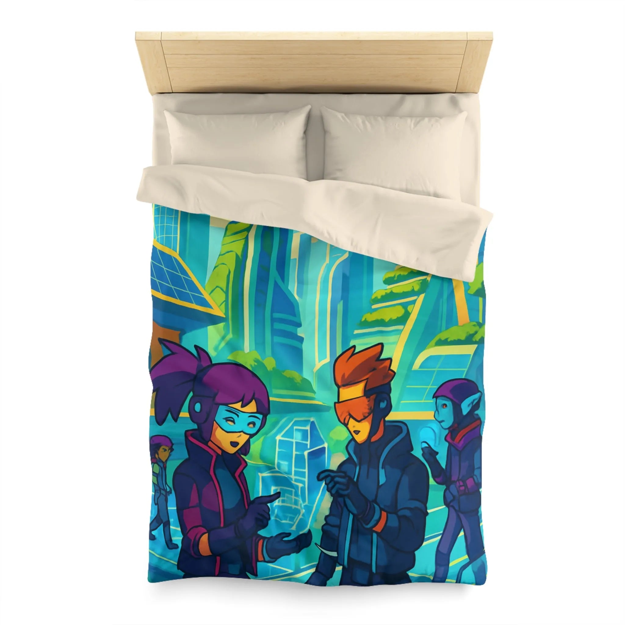 Housse de couette futuriste avec design coloré et thème urbain science-fiction moderne