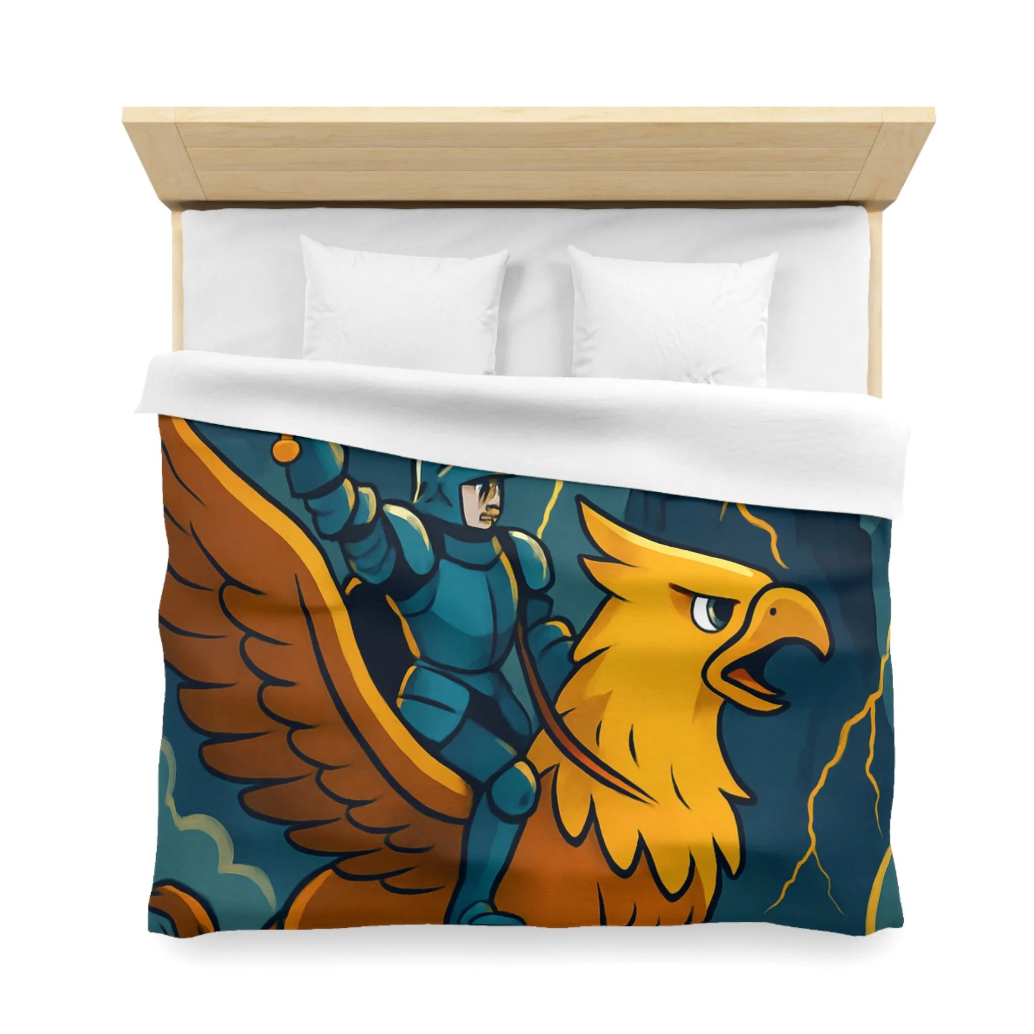Housse de Couette Fantaisie avec Chevalier et Griffon Volant Devant Château Mystérieux