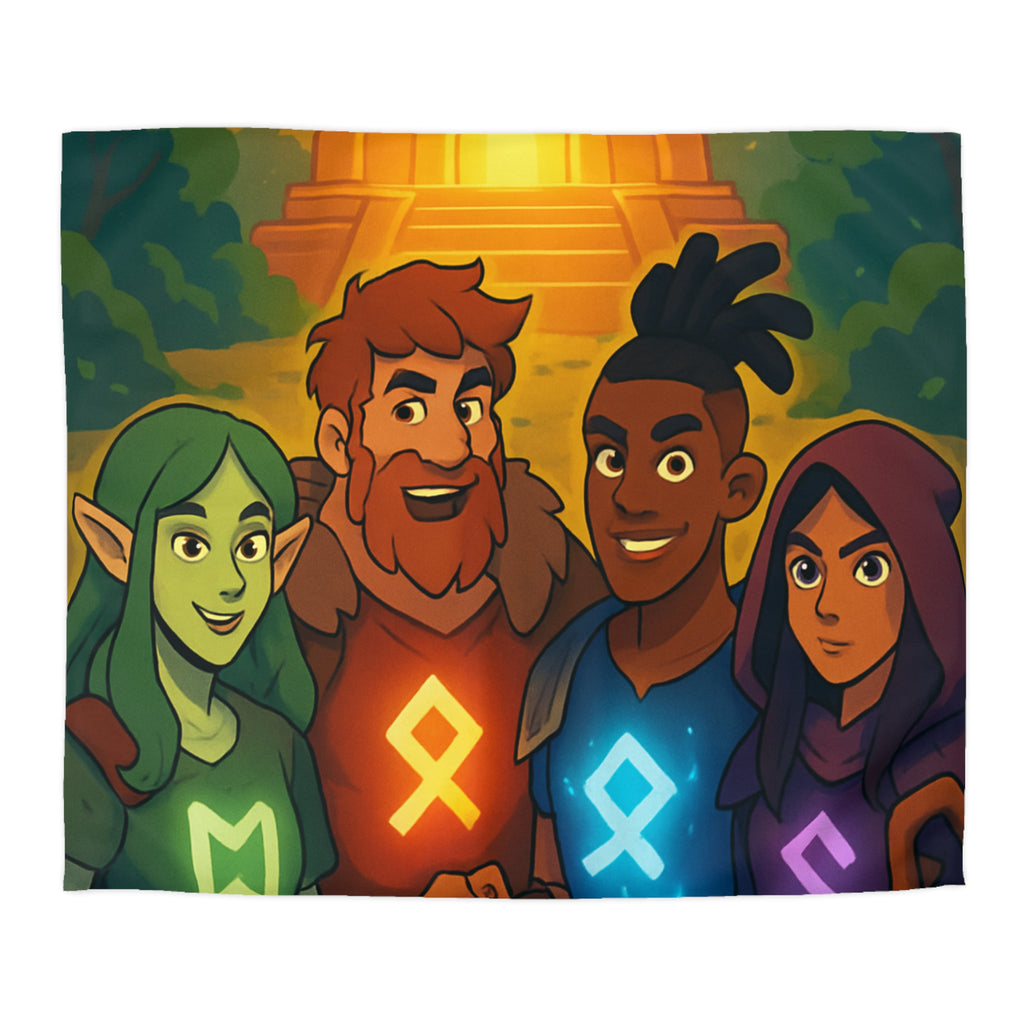 Housse de couette vibrant avec aventure illustrée de quatre héros devant un ancien temple