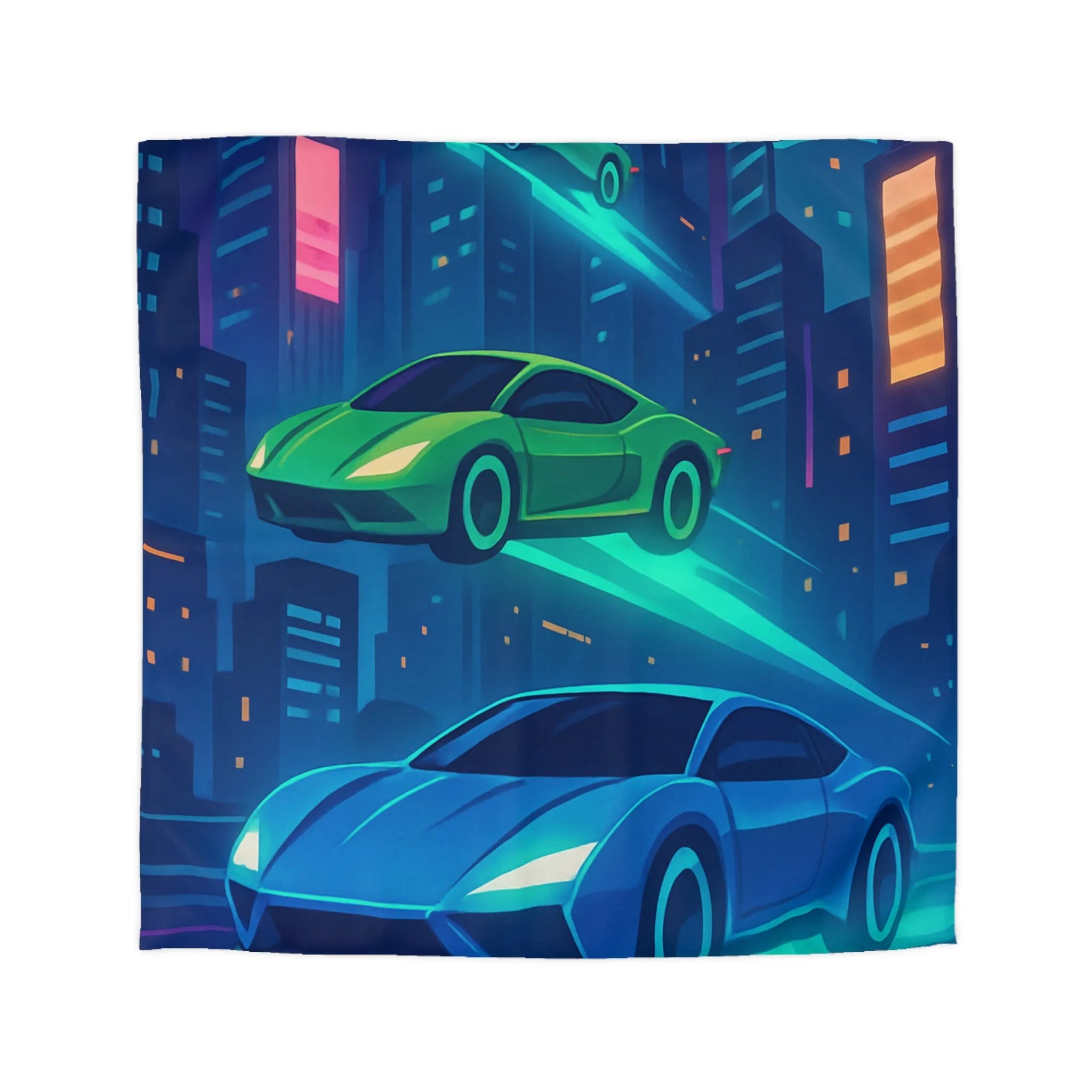 Découvrez des voitures futuristes illuminées flottant dans un ciel urbain nocturne vibrant