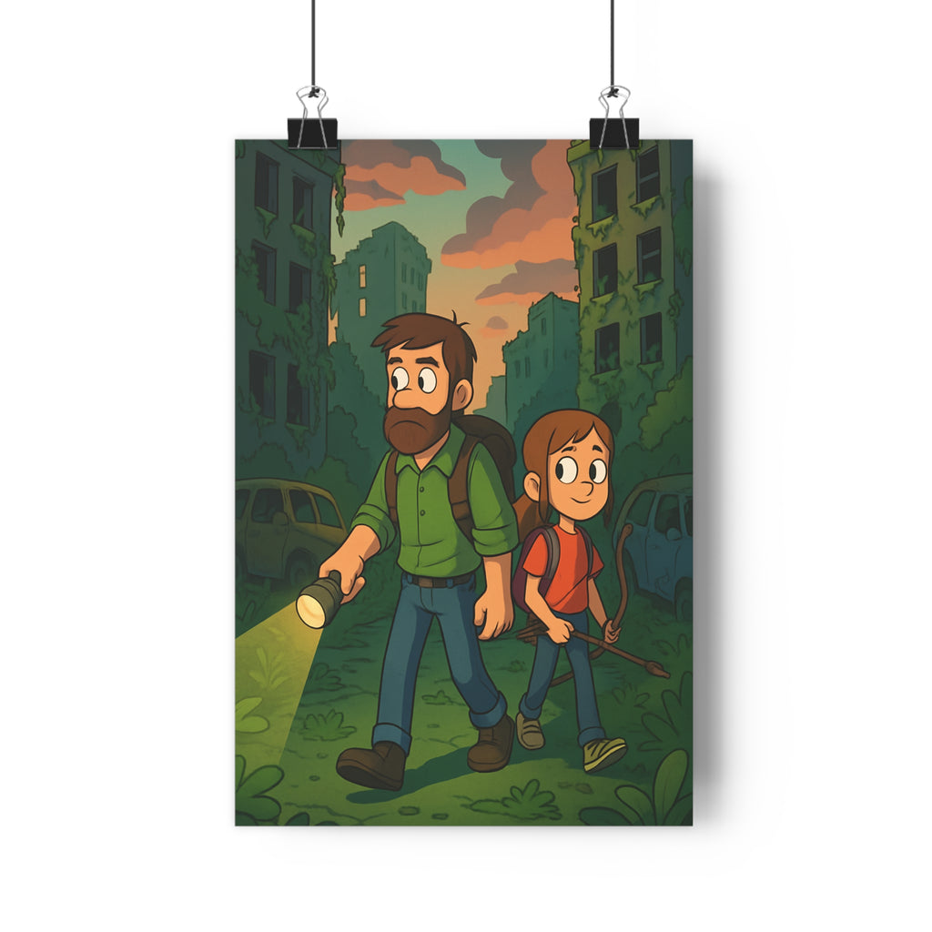 Poster décoratif personnages cartoon postapocalyptique vert marron salon chambre aventure ambiance unique 30x46 qualité