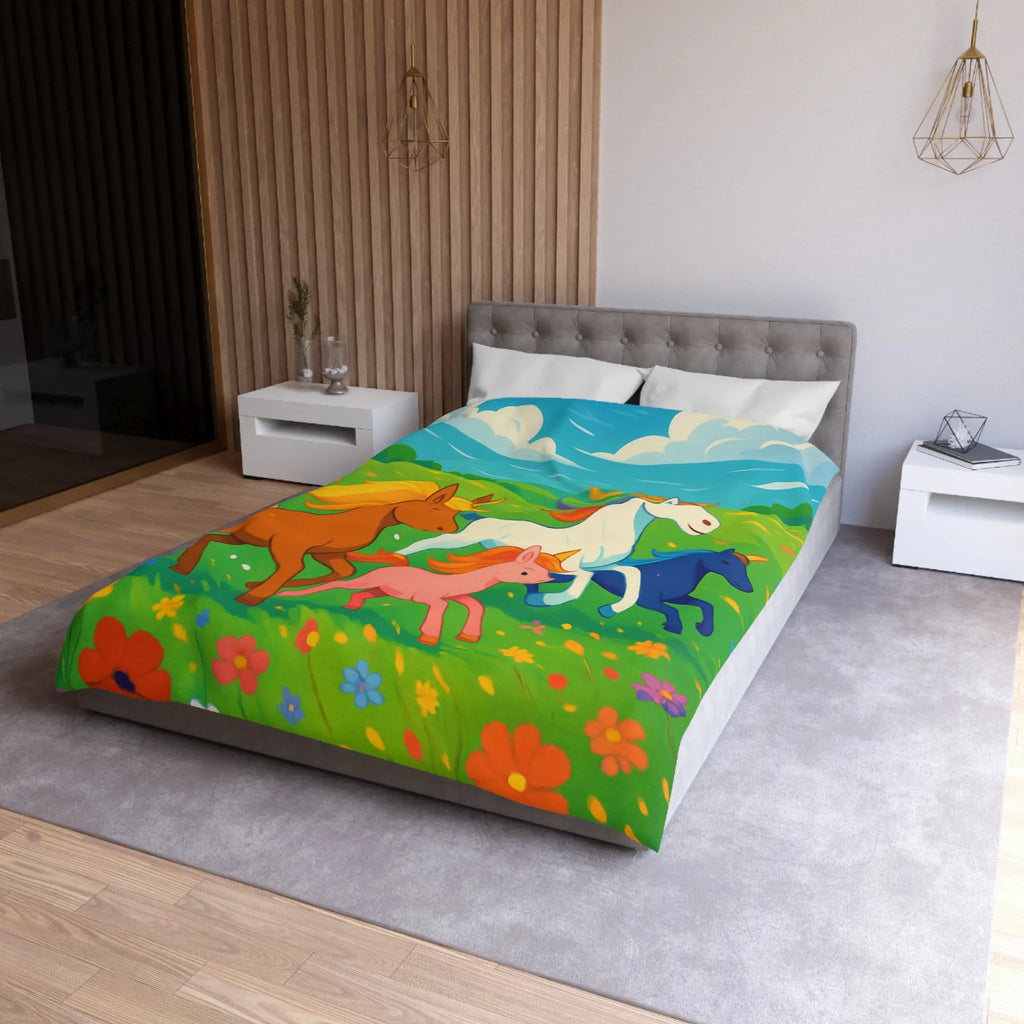 Housse de couette colorée avec prairies luxuriantes et chevaux arc-en-ciel en galop