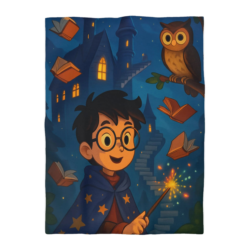 Housse de couette magique avec sorcier, hibou, château et livres enchantés étoiles