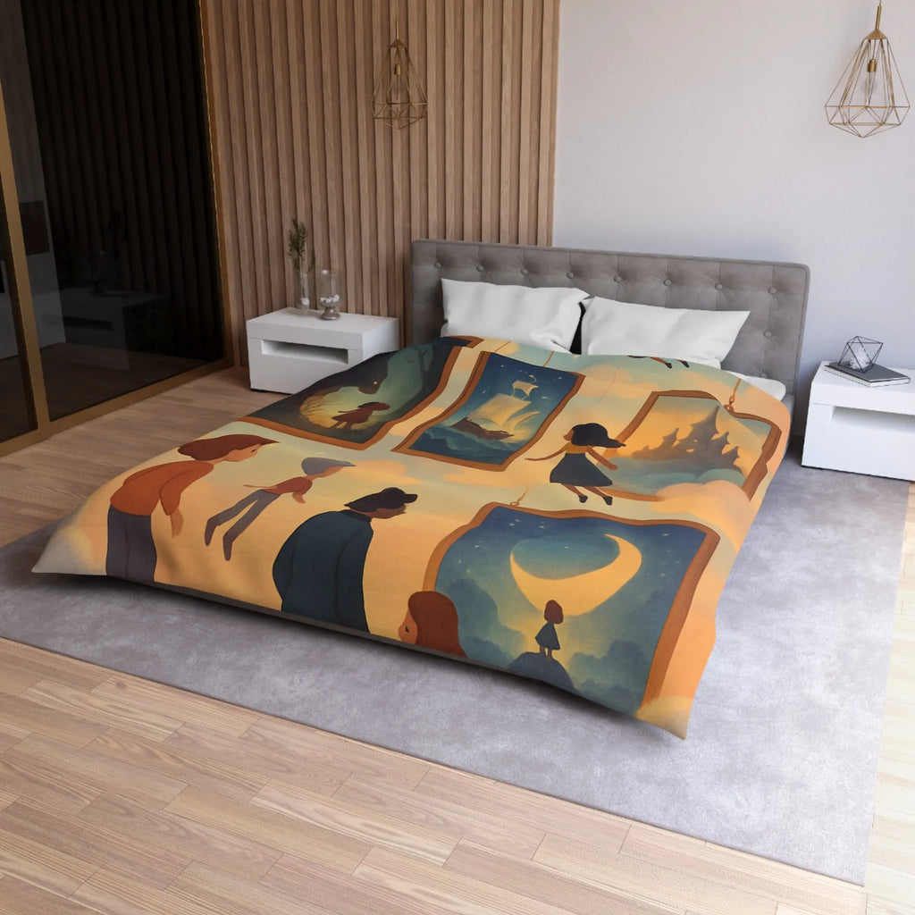 Housse de couette avec enfants volant parmi des tableaux de contes et de rêves