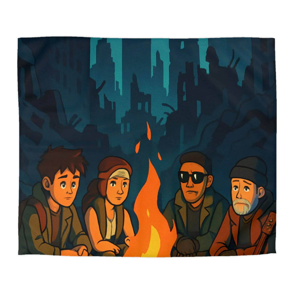 Housse de couette : scène nocturne apocalyptique avec personnages autour d'un feu de camp