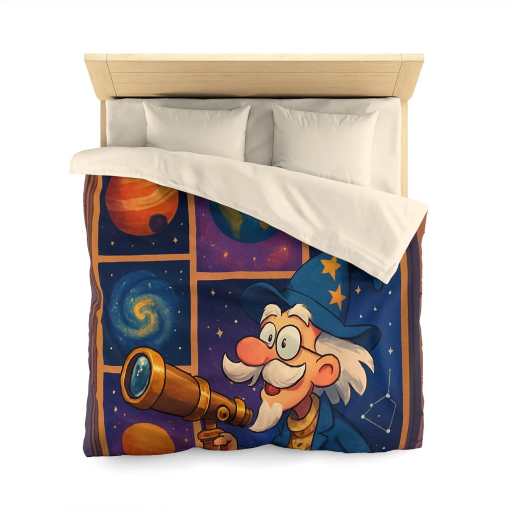 Housse de couette colorée avec astronome et planètes pour chambre d'enfant magique