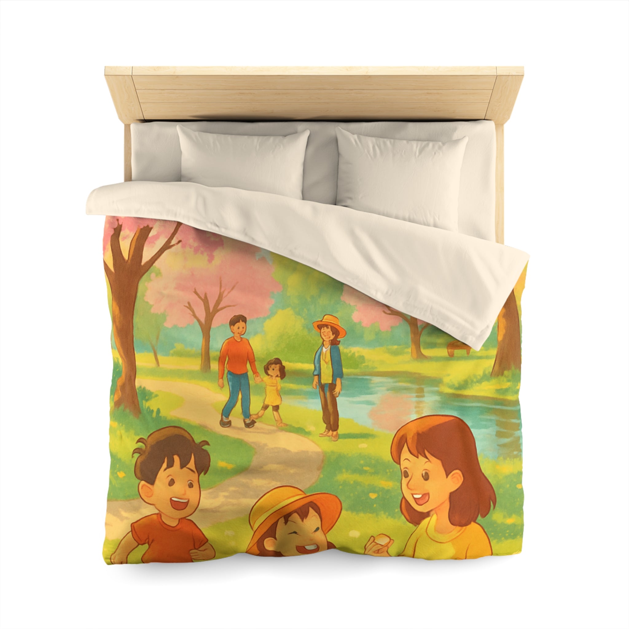 Housse de Couette Printanière avec Scène de Pique-nique Sous Cerisiers en Fleurs