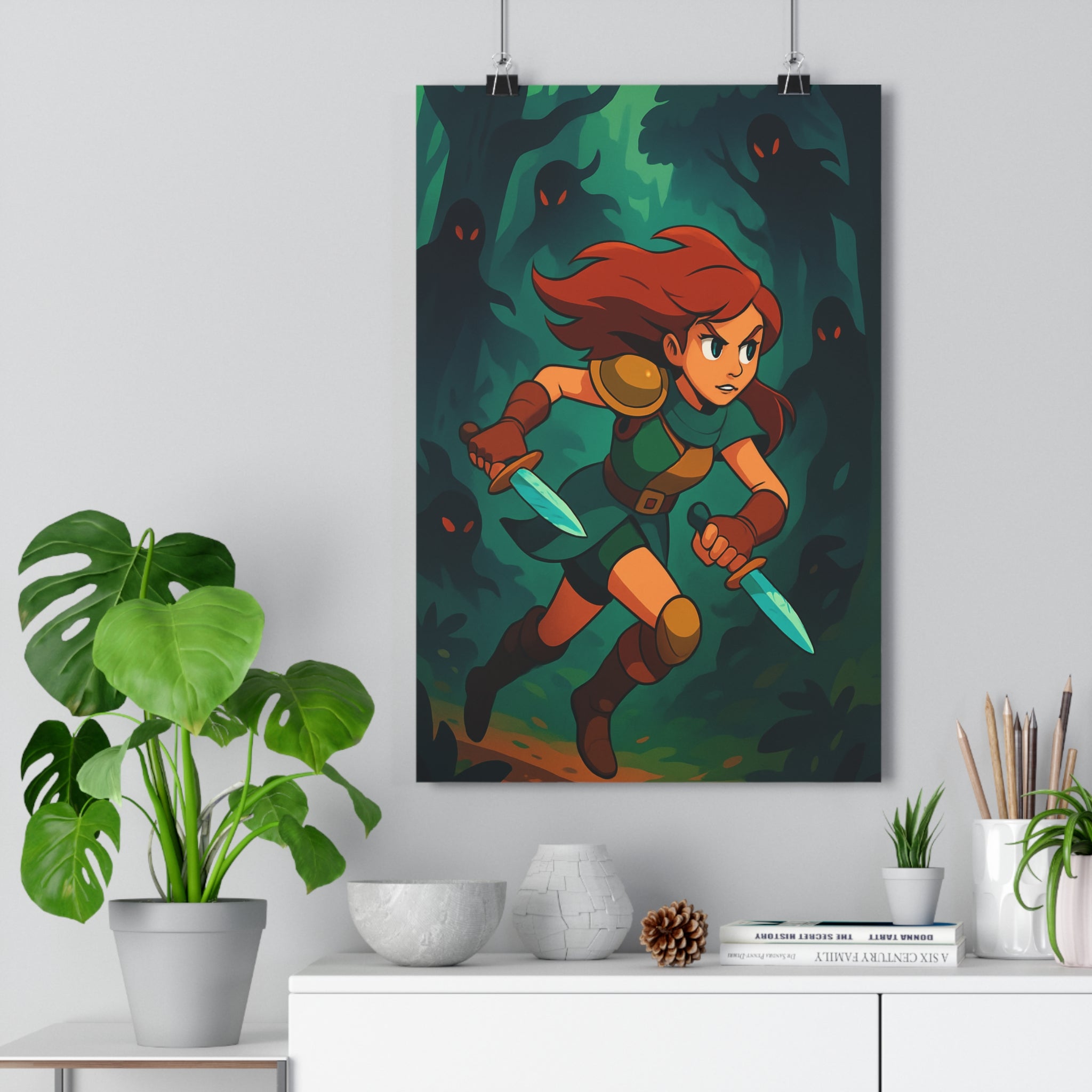 Poster décoratif anime guerrière mystique sombre intrigante aventure atmosphère forêt salon chambre action éthérée